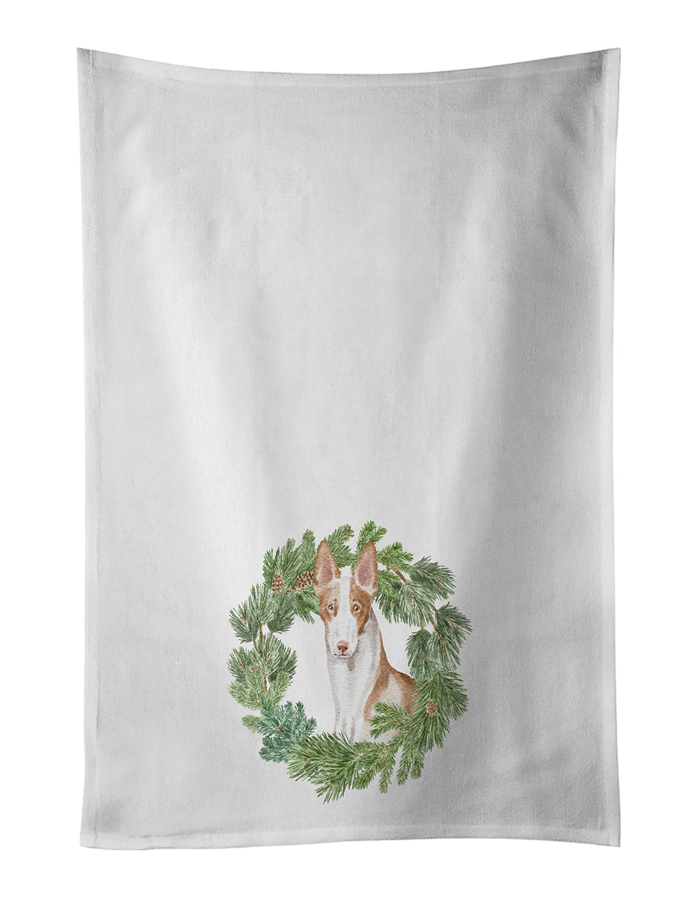 Ibizan Hound Sitting Tall Christmas Wreath Kitchen Towel Set of 2 White Dish Towels Decorative Bathroom Hand towel for Hand, Face, Hair, Yoga, Tea, Dishcloth, 19 X 28", White