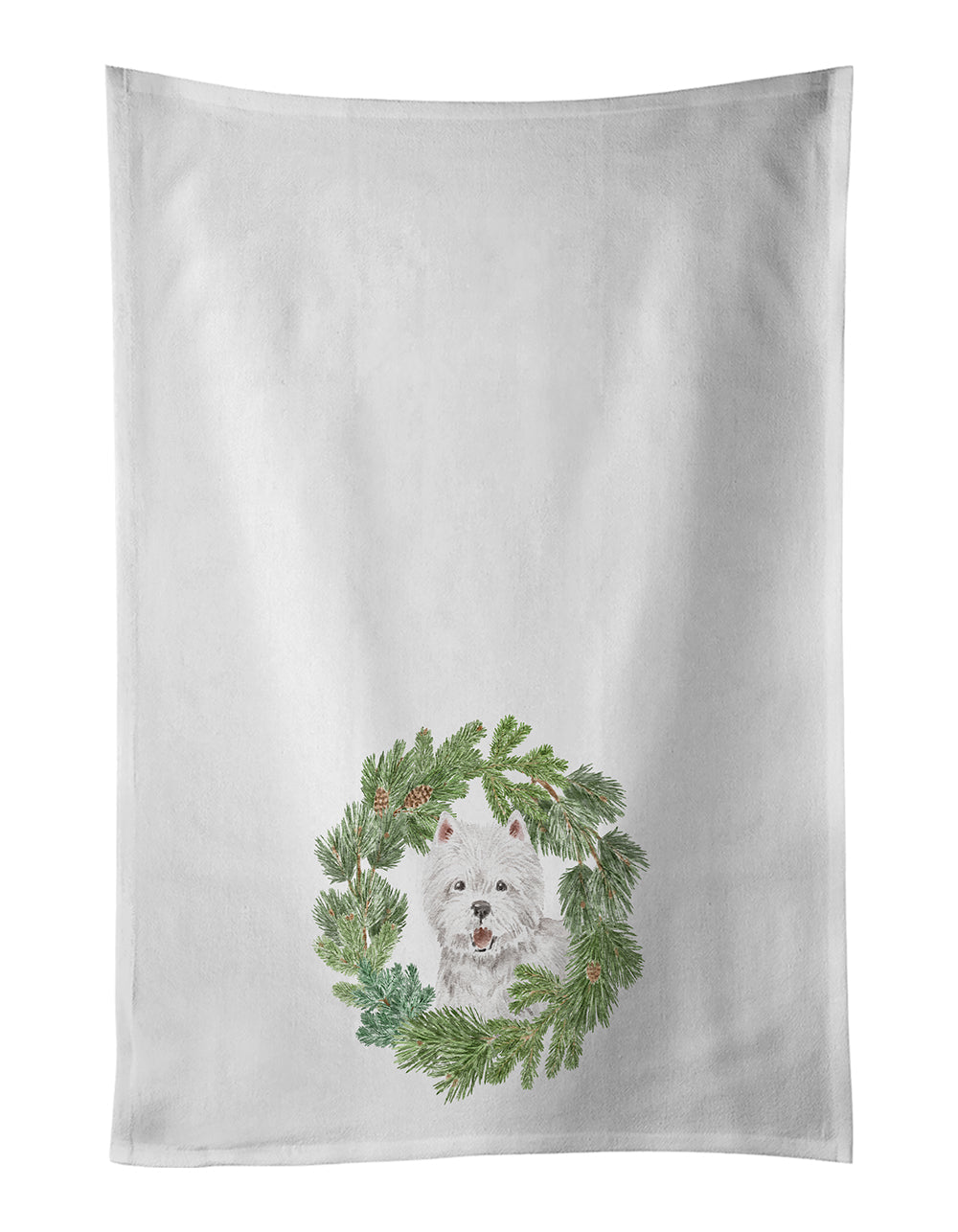 West Highland White Terrier Smiling Christmas Wreath Kitchen Towel Set of 2 White Dish Towels Decorative Bathroom Hand towel for Hand, Face, Hair, Yoga, Tea, Dishcloth, 19 X 28", White
