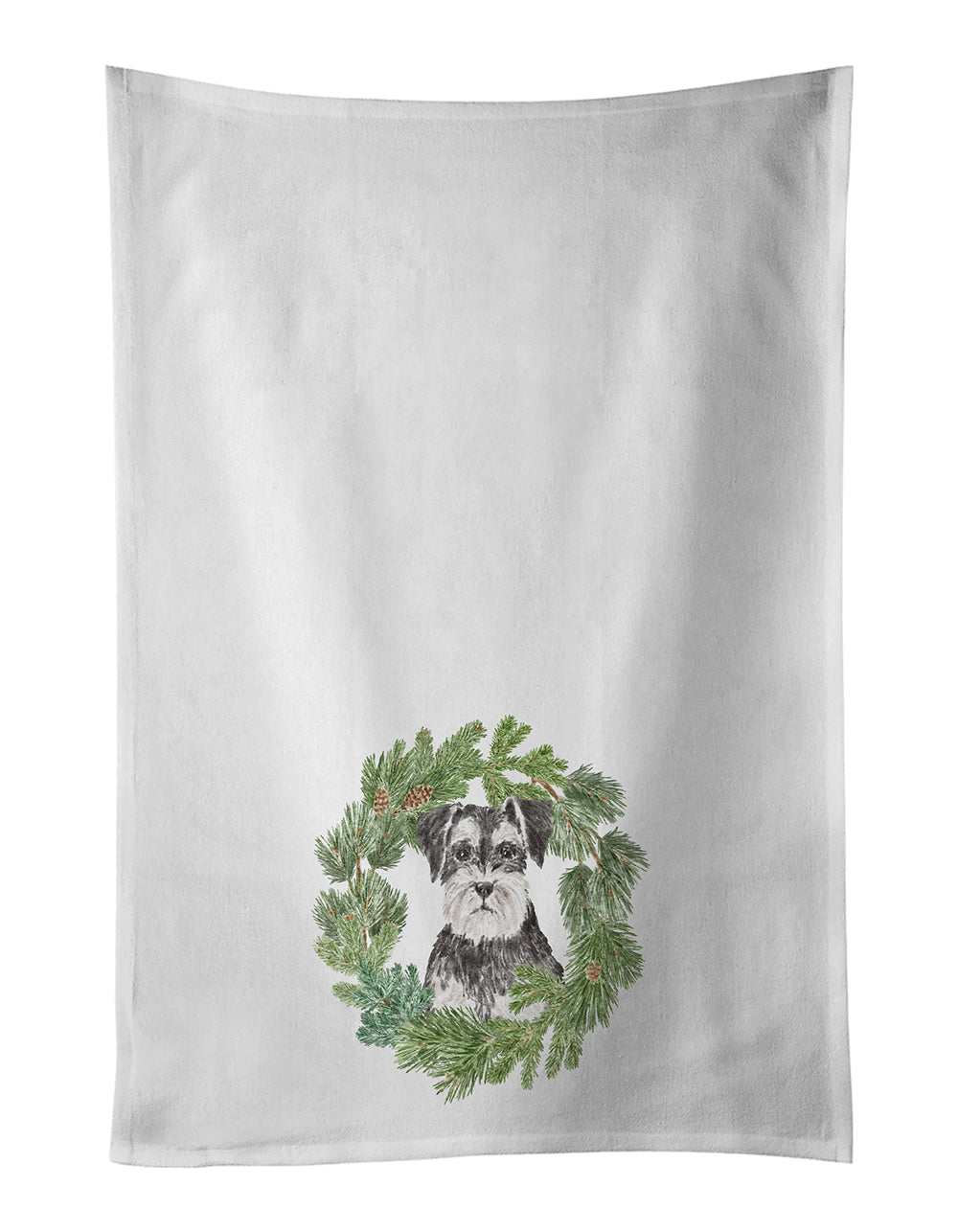 Schnauzer Black and Silver Christmas Wreath Kitchen Towel Set of 2 White Dish Towels Decorative Bathroom Hand towel for Hand, Face, Hair, Yoga, Tea, Dishcloth, 19 X 28", White