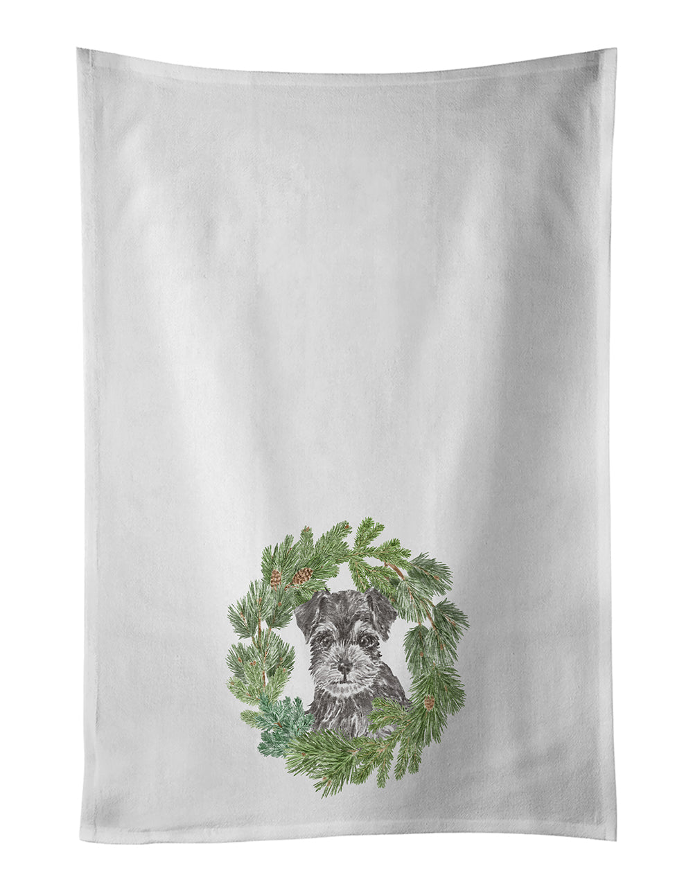 Schnauzer Puppy Black and Silver Christmas Wreath Kitchen Towel Set of 2 White Dish Towels Decorative Bathroom Hand towel for Hand, Face, Hair, Yoga, Tea, Dishcloth, 19 X 28", White