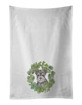 Schnauzer Puppy Black and Silver Christmas Wreath Kitchen Towel Set of 2 White Dish Towels Decorative Bathroom Hand towel for Hand, Face, Hair, Yoga, Tea, Dishcloth, 19 X 28", White