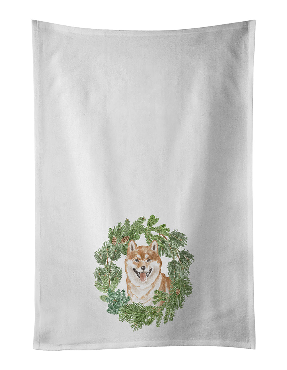 Shiba Inu Smiling Christmas Wreath Kitchen Towel Set of 2 White Dish Towels Decorative Bathroom Hand towel for Hand, Face, Hair, Yoga, Tea, Dishcloth, 19 X 28", White