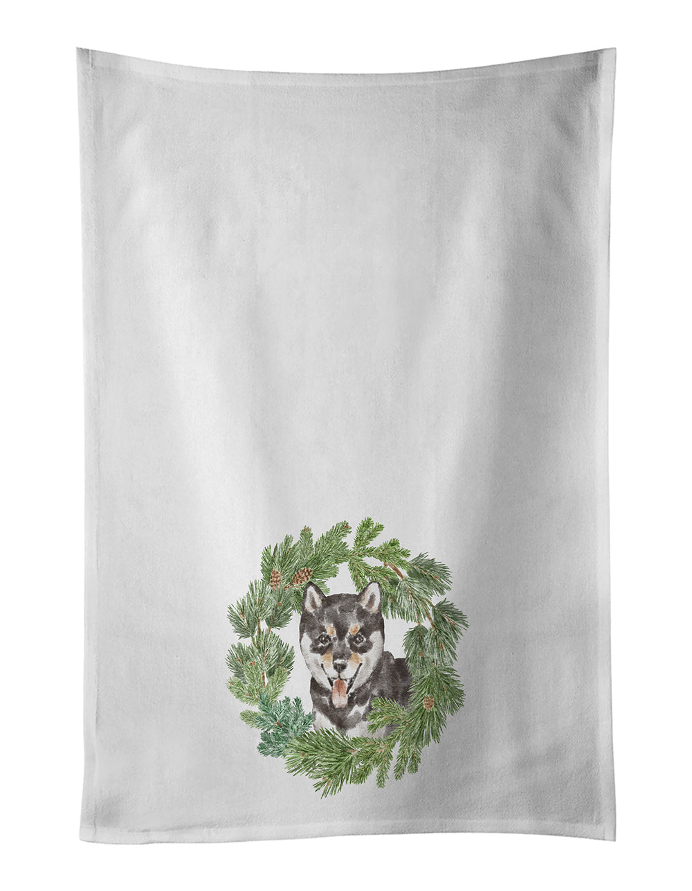 Shiba Inu Puppy Black Sesame Christmas Wreath Kitchen Towel Set of 2 White Dish Towels Decorative Bathroom Hand towel for Hand, Face, Hair, Yoga, Tea, Dishcloth, 19 X 28", White