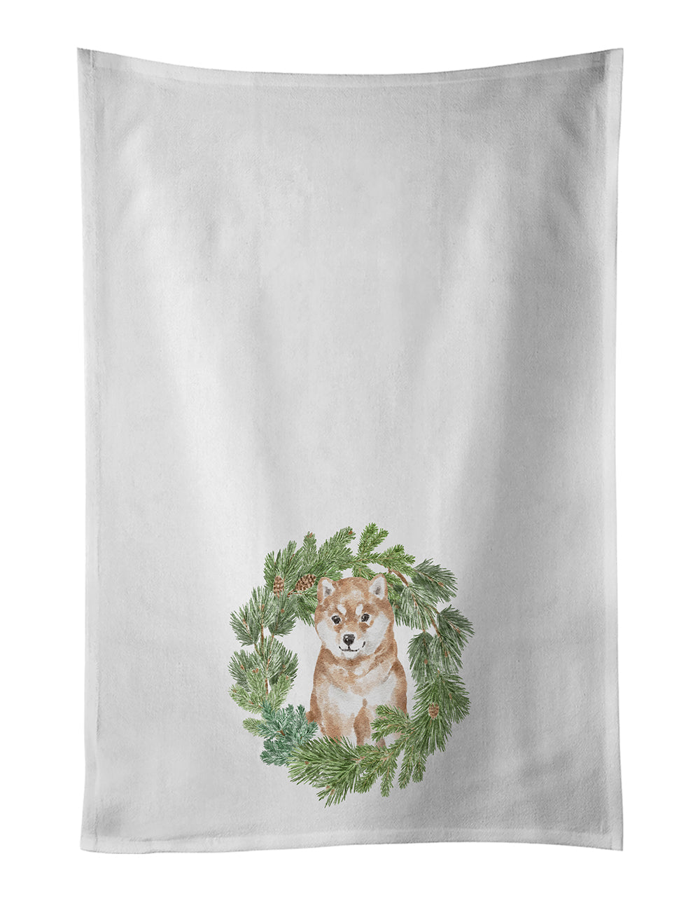 Shiba Inu Puppy Sitting Pretty Christmas Wreath Kitchen Towel Set of 2 White Dish Towels Decorative Bathroom Hand towel for Hand, Face, Hair, Yoga, Tea, Dishcloth, 19 X 28", White