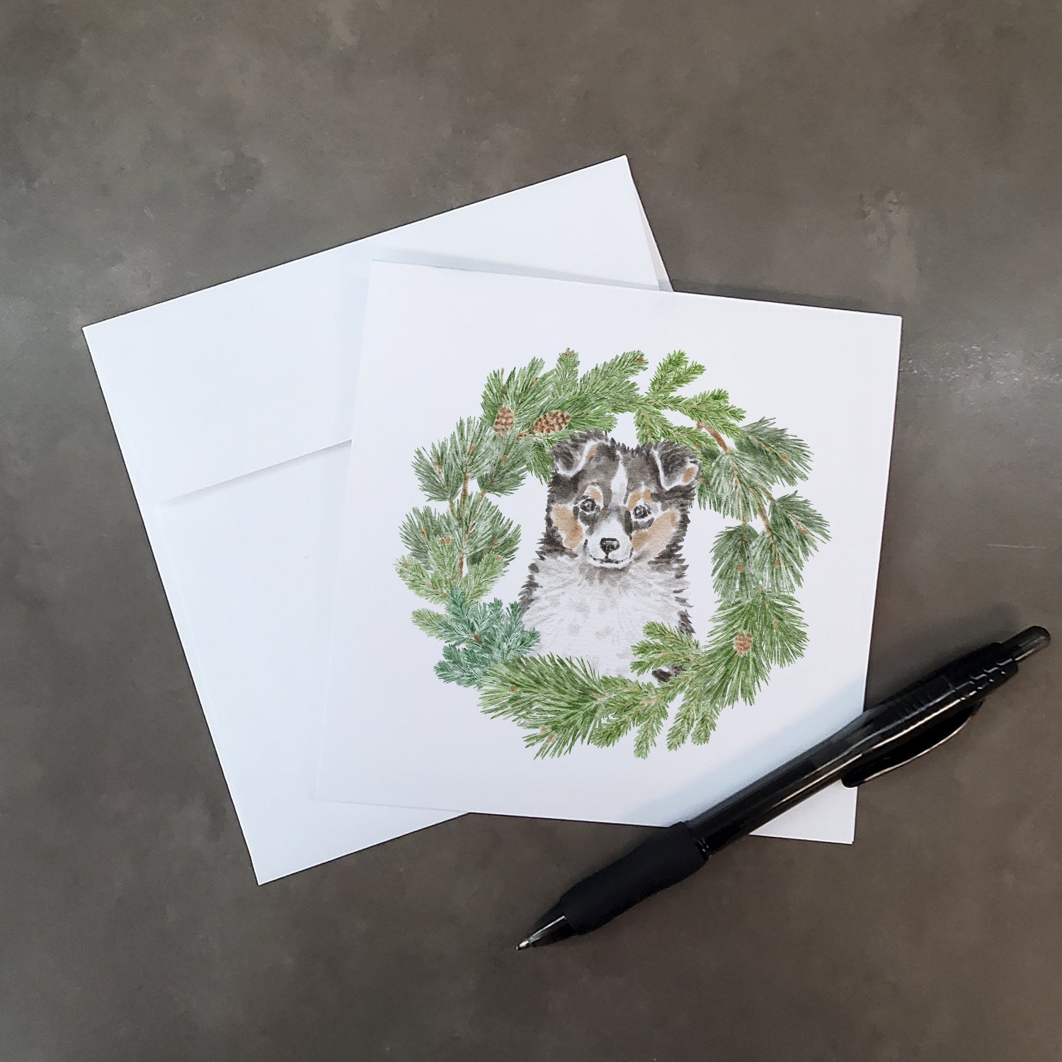 Sheltie/Shetland Sheepdog Puppy Tricolor  Christmas Wreath Square Greeting Cards and Envelopes Pack of 8 Blank Cards with Envelopes Blank Thank You Note Greeting Cards Stationery