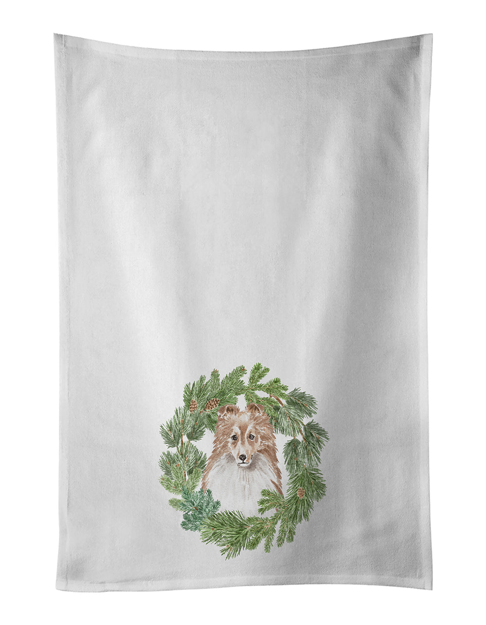 Sheltie/Shetland Sheepdog Adult Sable Christmas Wreath Kitchen Towel Set of 2 White Dish Towels Decorative Bathroom Hand towel for Hand, Face, Hair, Yoga, Tea, Dishcloth, 19 X 28", White