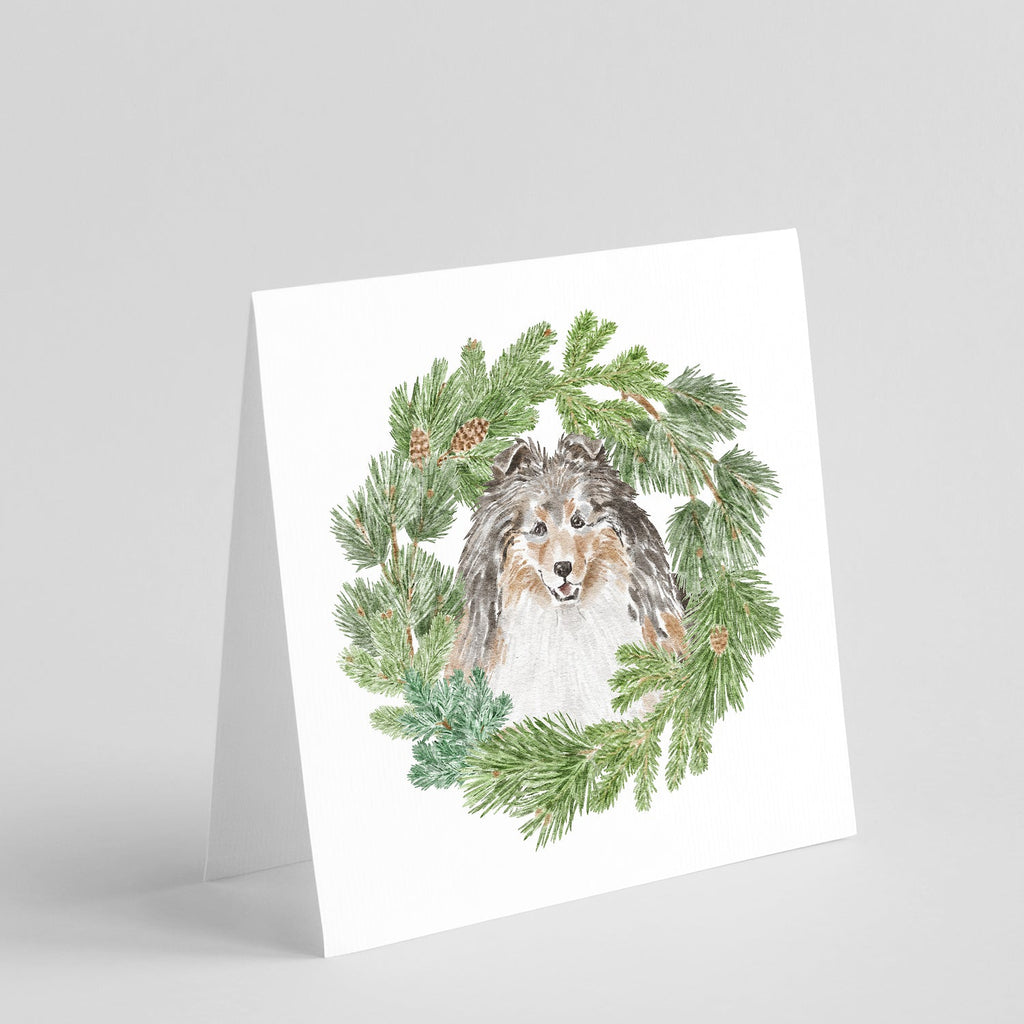 Sheltie/Shetland Sheepdog Tricolor Smiling #1 Christmas Wreath Square Greeting Cards and Envelopes Pack of 8 Blank Cards with Envelopes Blank Thank You Note Greeting Cards Stationery