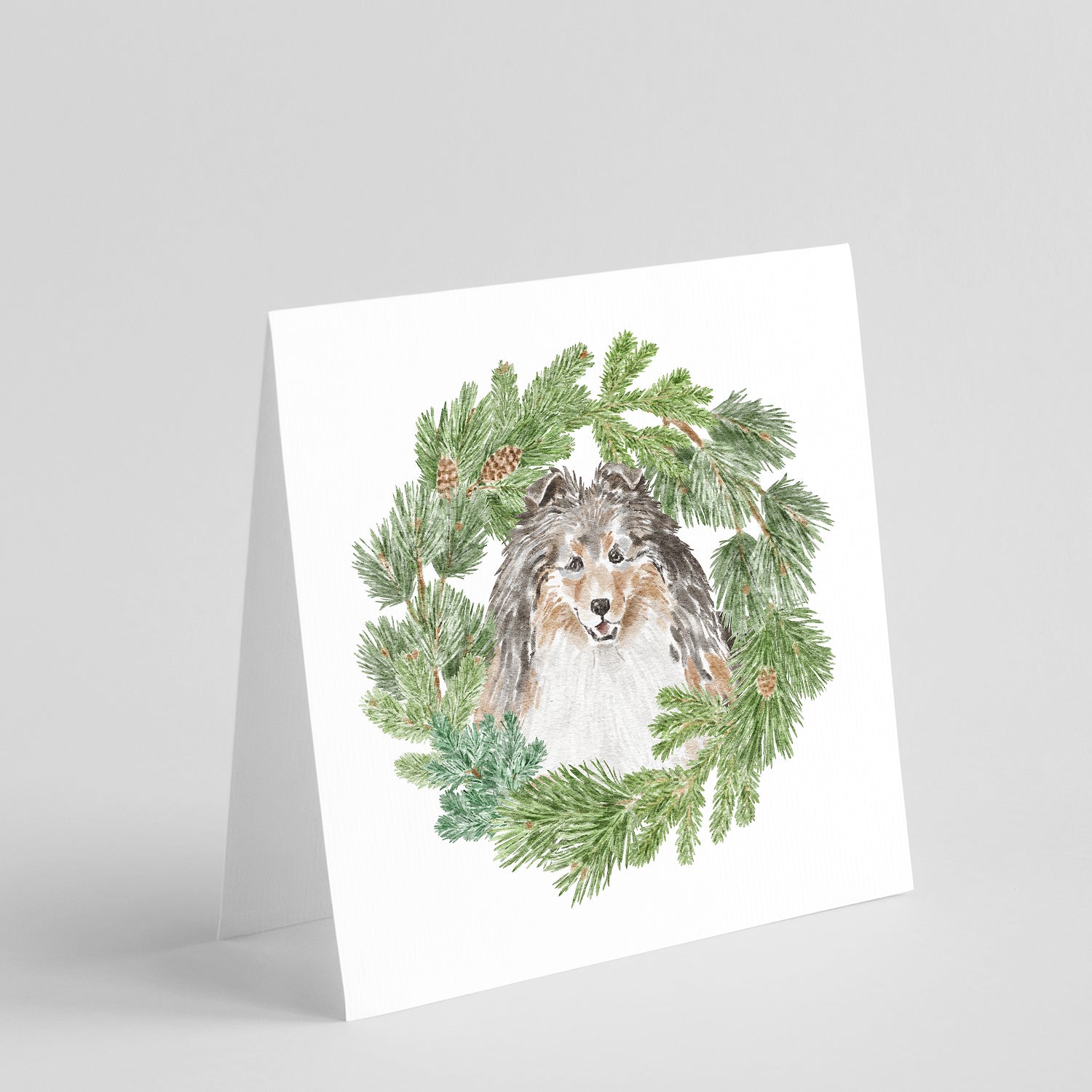 Sheltie/Shetland Sheepdog Tricolor Smiling #1 Christmas Wreath Square Greeting Cards and Envelopes Pack of 8 Blank Cards with Envelopes Blank Thank You Note Greeting Cards Stationery
