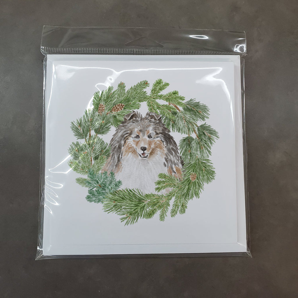 Sheltie/Shetland Sheepdog Tricolor Smiling #1 Christmas Wreath Square Greeting Cards and Envelopes Pack of 8 Blank Cards with Envelopes Blank Thank You Note Greeting Cards Stationery