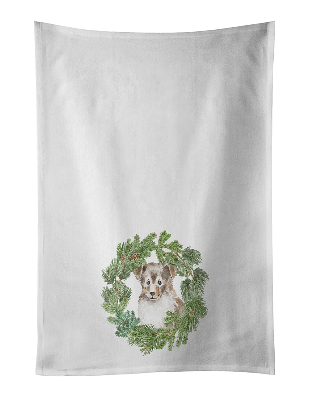 Sheltie/Shetland Sheepdog Puppy Sable Smile Christmas Wreath Kitchen Towel Set of 2 White Dish Towels Decorative Bathroom Hand towel for Hand, Face, Hair, Yoga, Tea, Dishcloth, 19 X 28", White