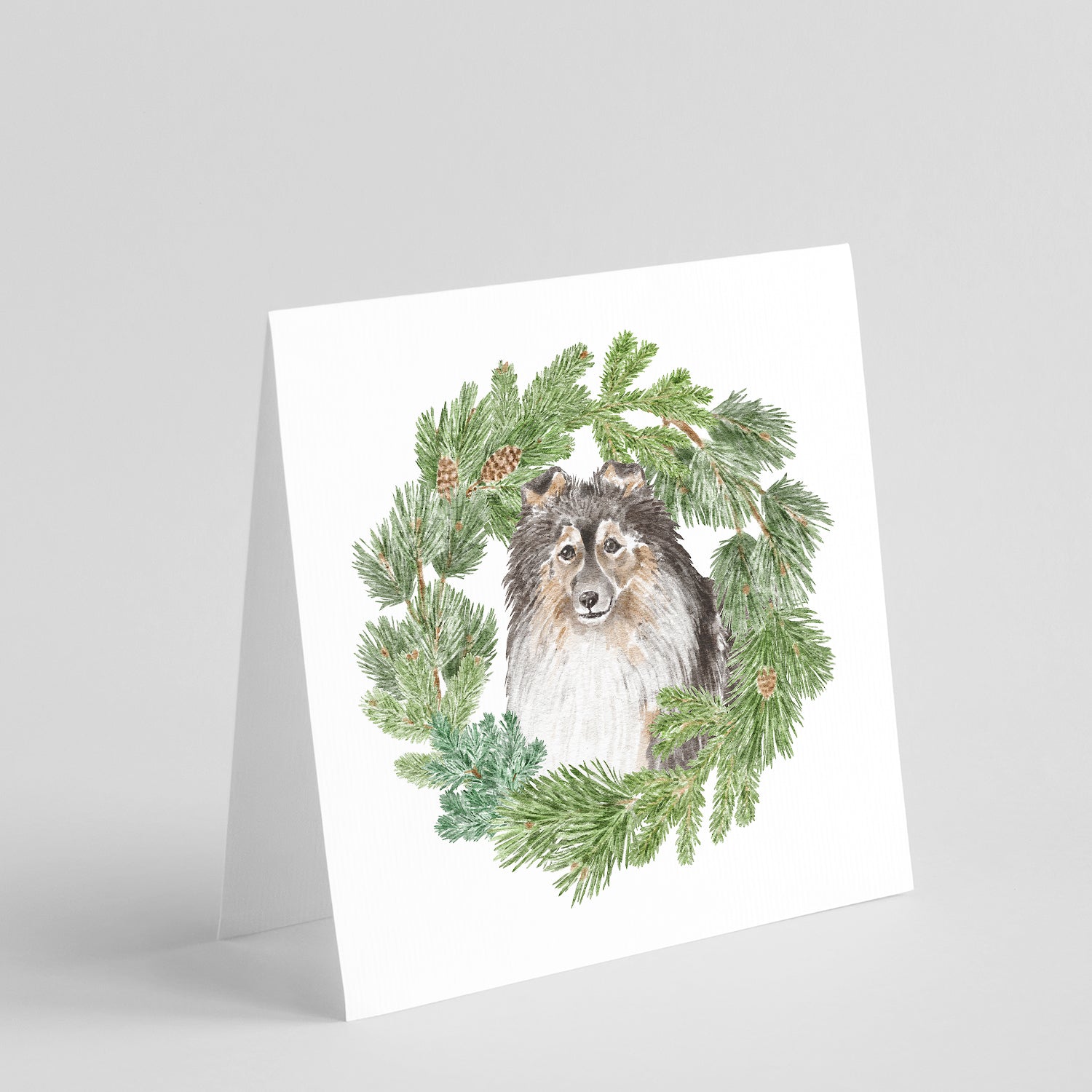 Sheltie/Shetland SheepdogTricolor Smiling #2 Christmas Wreath Square Greeting Cards and Envelopes Pack of 8 Blank Cards with Envelopes Blank Thank You Note Greeting Cards Stationery