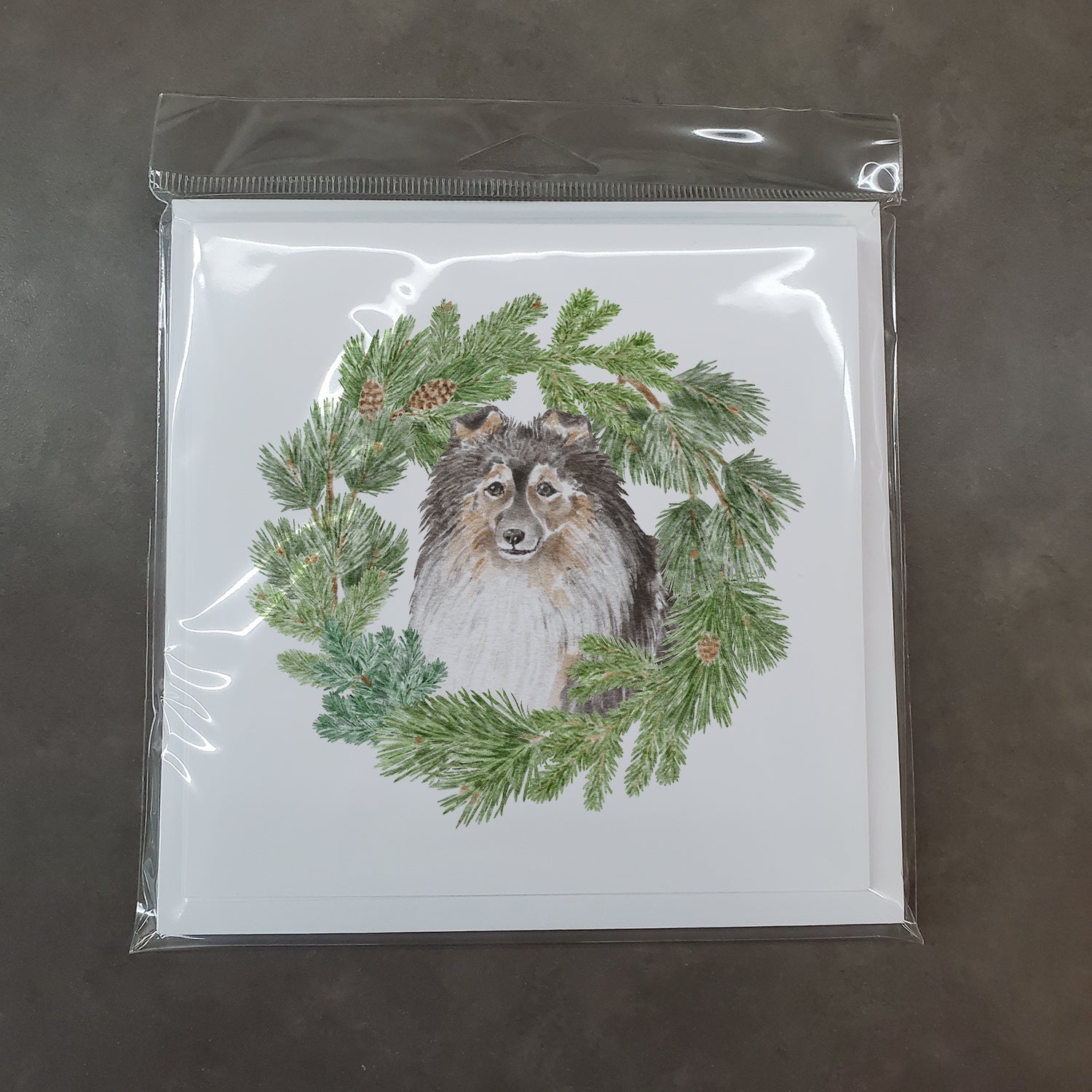 Sheltie/Shetland SheepdogTricolor Smiling #2 Christmas Wreath Square Greeting Cards and Envelopes Pack of 8 Blank Cards with Envelopes Blank Thank You Note Greeting Cards Stationery