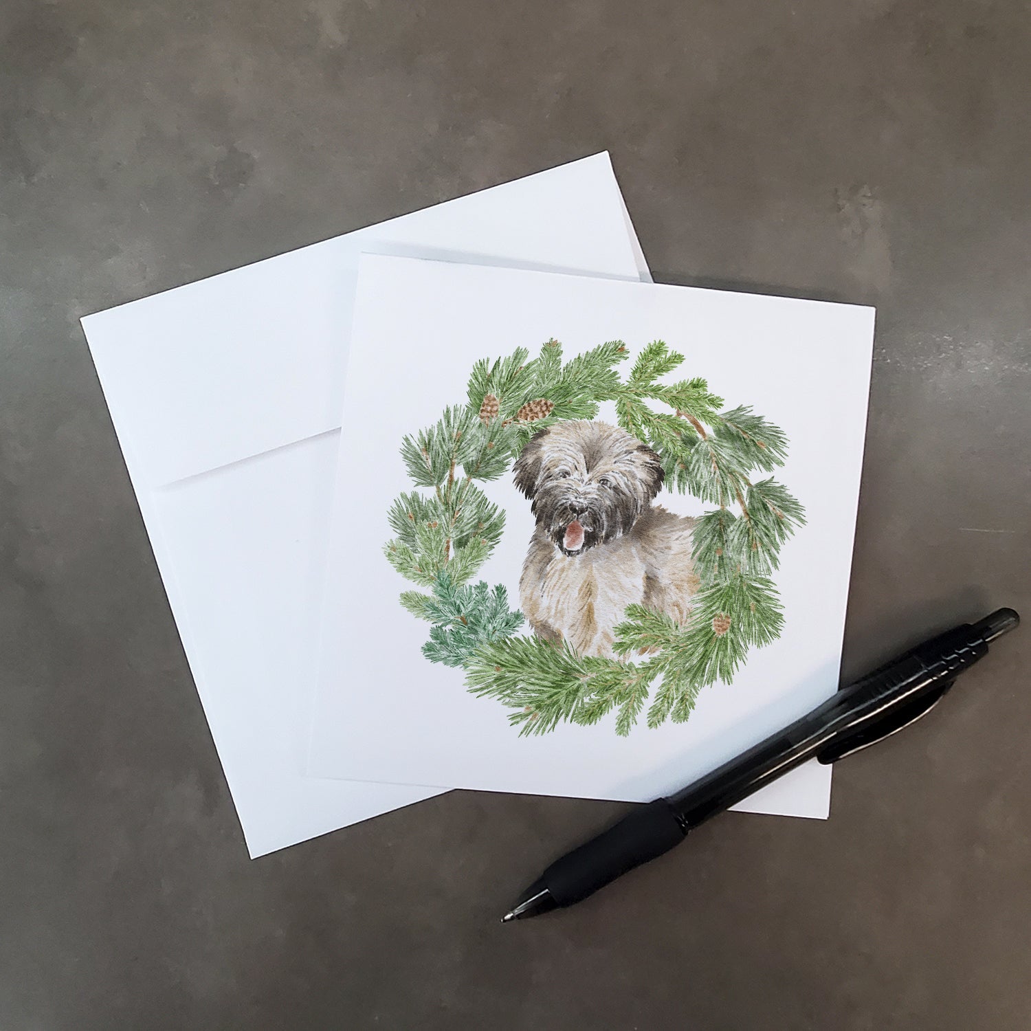 Briard Puppy Smiling Christmas Wreath Square Greeting Cards and Envelopes Pack of 8 Blank Cards with Envelopes Blank Thank You Note Greeting Cards Stationery