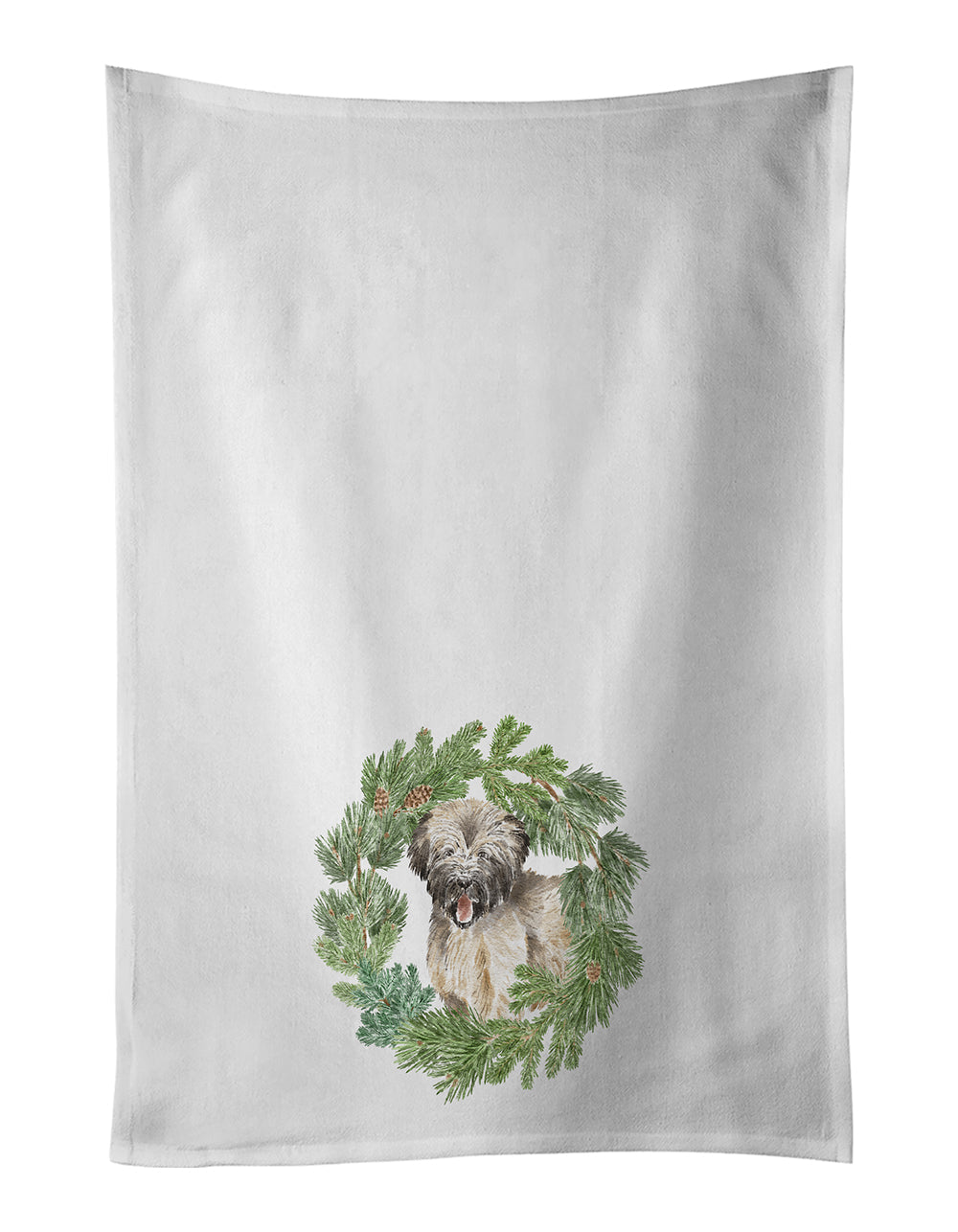 Briard Puppy Smiling Christmas Wreath Kitchen Towel Set of 2 White Dish Towels Decorative Bathroom Hand towel for Hand, Face, Hair, Yoga, Tea, Dishcloth, 19 X 28", White