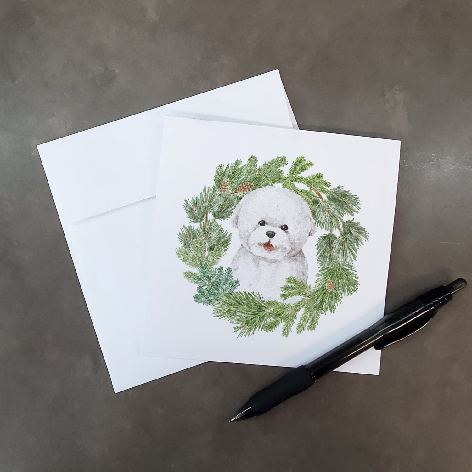 Bichon Frise Smiling Christmas Wreath Square Greeting Cards and Envelopes Pack of 8 Blank Cards with Envelopes Blank Thank You Note Greeting Cards Stationery