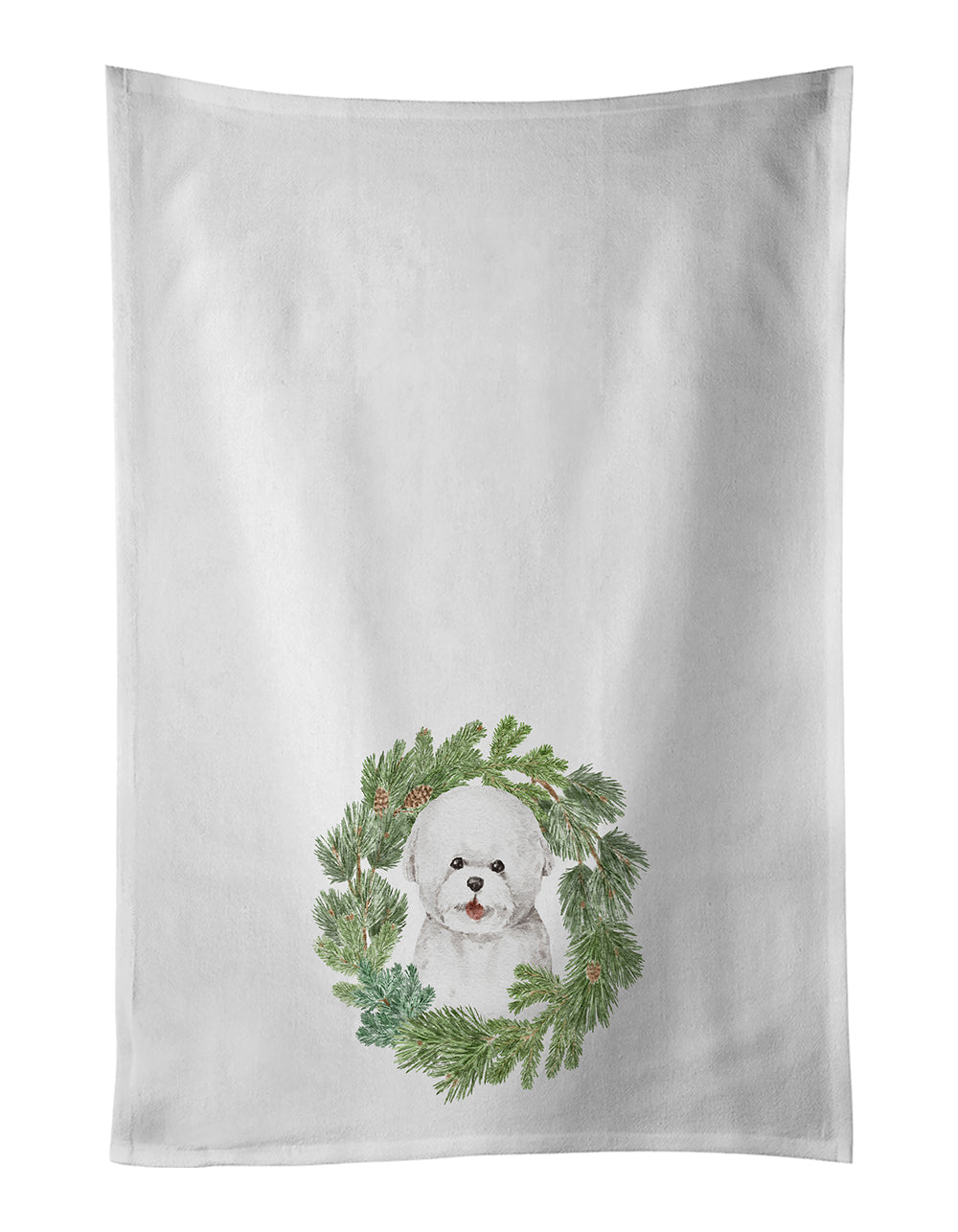 Bichon Frise Smiling Christmas Wreath Kitchen Towel Set of 2 White Dish Towels Decorative Bathroom Hand towel for Hand, Face, Hair, Yoga, Tea, Dishcloth, 19 X 28", White