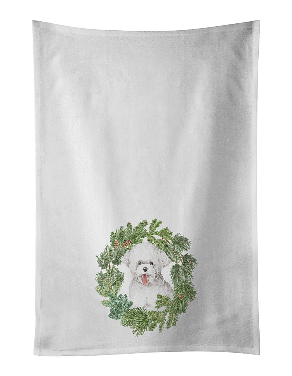 Bichon Frise Tongue Out Christmas Wreath Kitchen Towel Set of 2 White Dish Towels Decorative Bathroom Hand towel for Hand, Face, Hair, Yoga, Tea, Dishcloth, 19 X 28", White