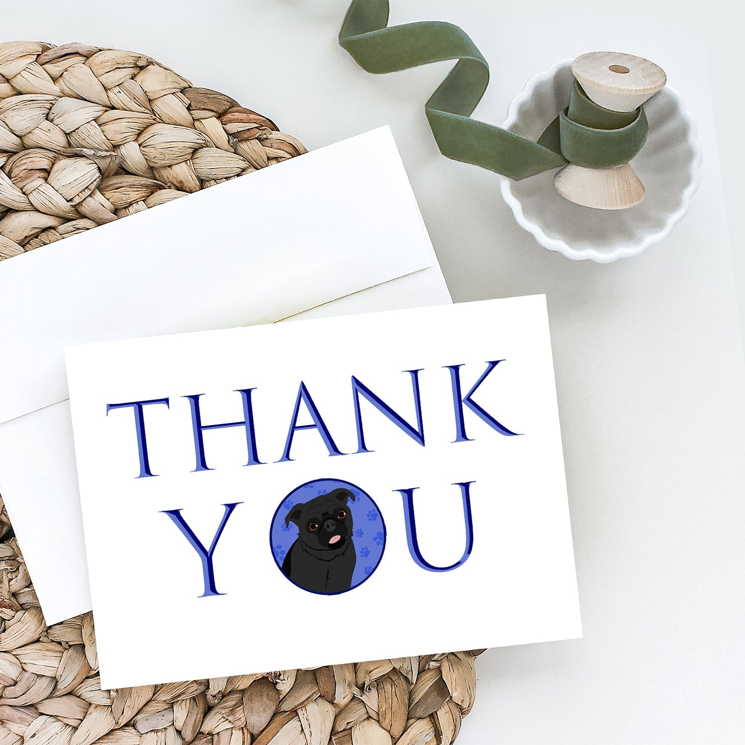 Pug Black #1 Thank You Greeting Cards Pack of 8 Blank Cards with Envelopes Whimsical A7 Size 5x7