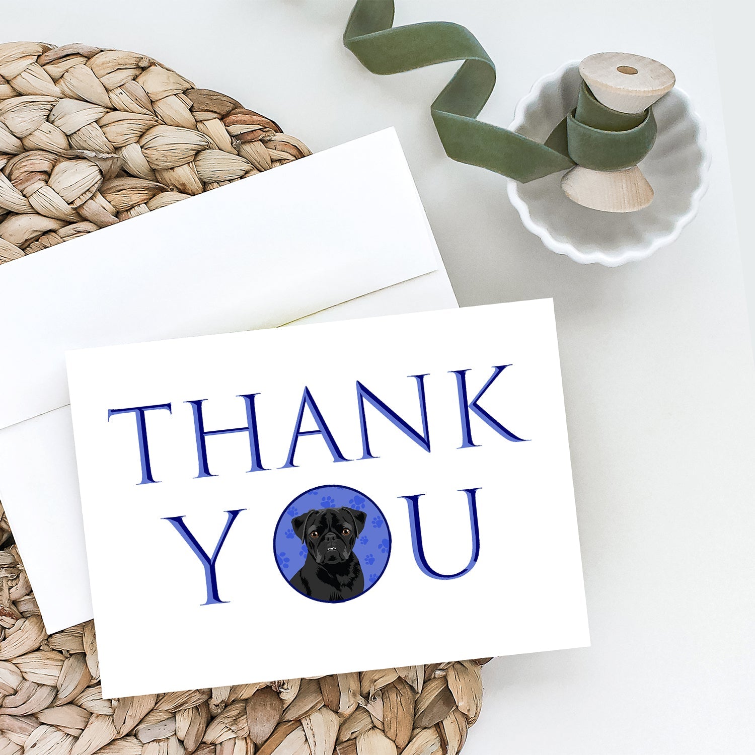 Pug Black #2 Thank You Greeting Cards Pack of 8 Blank Cards with Envelopes Whimsical A7 Size 5x7