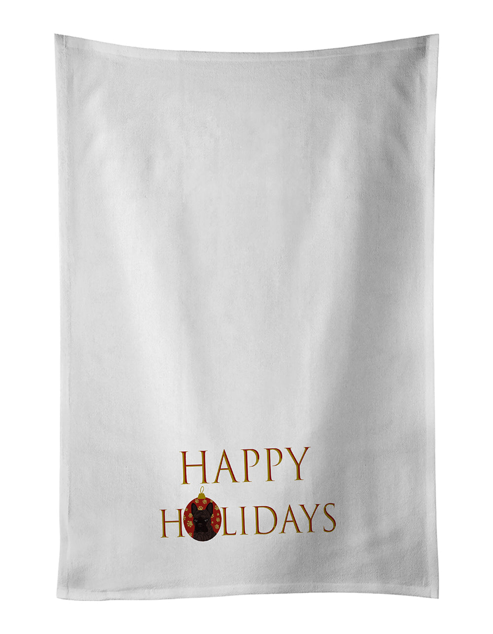 French Bulldog Brindle #1 Happy Holidays Kitchen Towel Set of 2 White Dish Towels Decorative Bathroom Hand towel for Hand, Face, Hair, Yoga, Tea, Dishcloth, 19 X 28", White