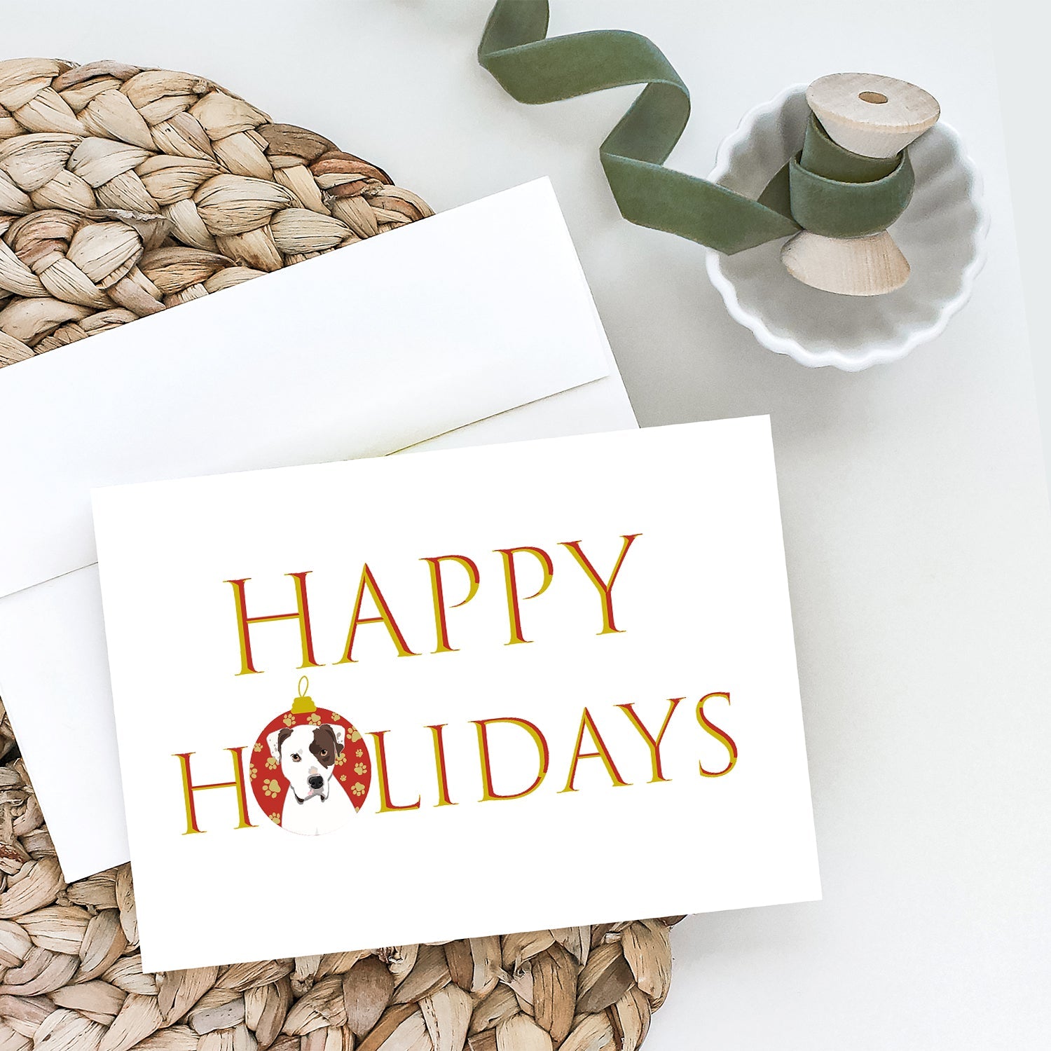 Pit Bull White #2 Happy Holidays Greeting Cards Pack of 8 Blank Cards with Envelopes Whimsical A7 Size 5x7