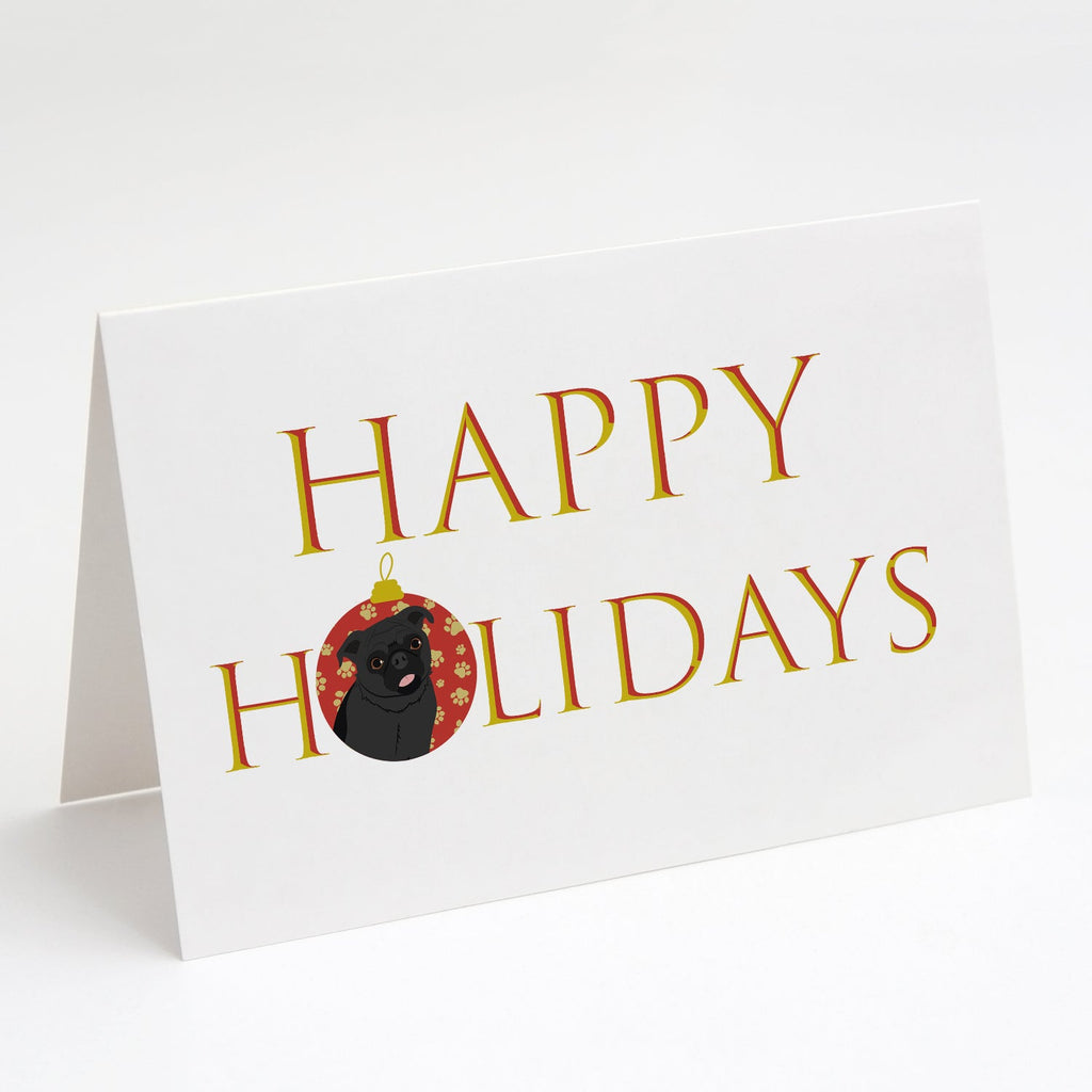 Pug Black #1 Happy Holidays Greeting Cards Pack of 8 Blank Cards with Envelopes Whimsical A7 Size 5x7