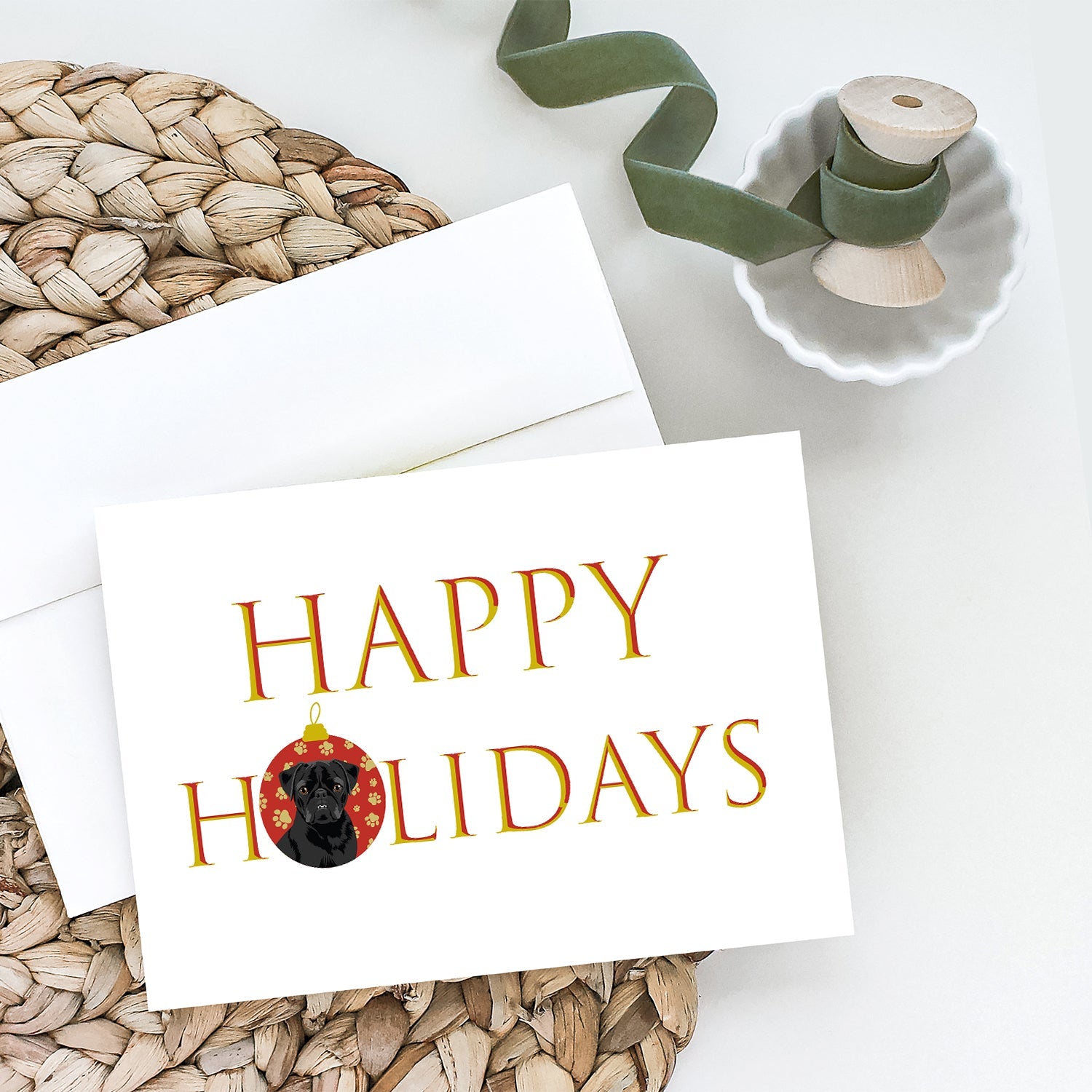 Pug Black #2 Happy Holidays Greeting Cards Pack of 8 Blank Cards with Envelopes Whimsical A7 Size 5x7