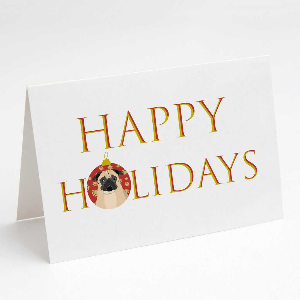 Pug Fawn #1 Happy Holidays Greeting Cards Pack of 8 Blank Cards with Envelopes Whimsical A7 Size 5x7