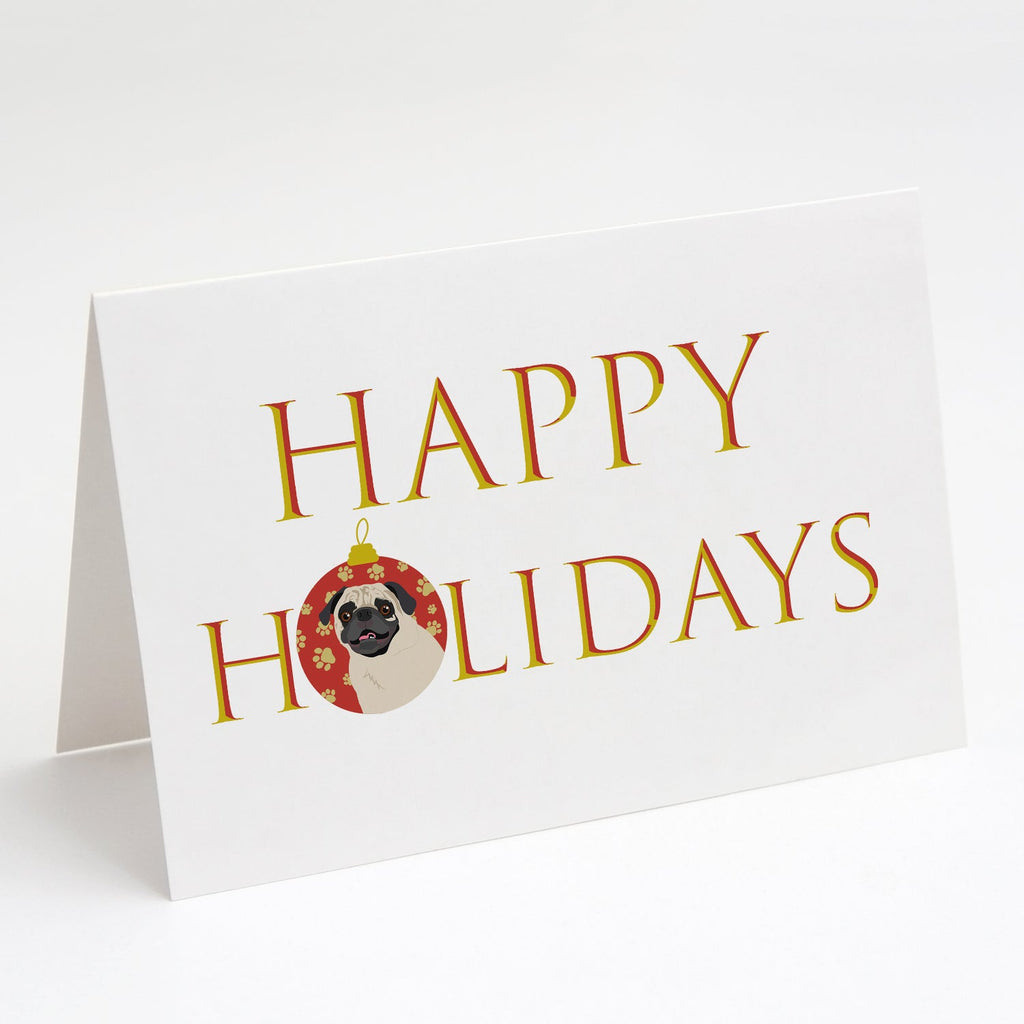 Pug Fawn #2 Happy Holidays Greeting Cards Pack of 8 Blank Cards with Envelopes Whimsical A7 Size 5x7