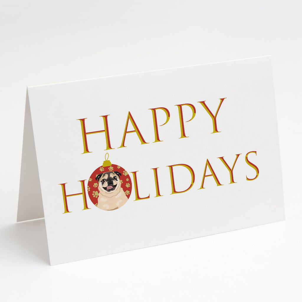 Pug Fawn #5 Happy Holidays Greeting Cards Pack of 8 Blank Cards with Envelopes Whimsical A7 Size 5x7