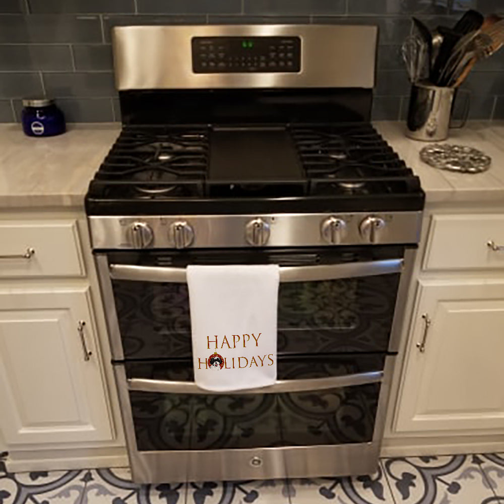 Shih-Tzu Black and White #3 Happy Holidays Kitchen Towel Set of 2 White Dish Towels Decorative Bathroom Hand towel for Hand, Face, Hair, Yoga, Tea, Dishcloth, 19 X 28", White