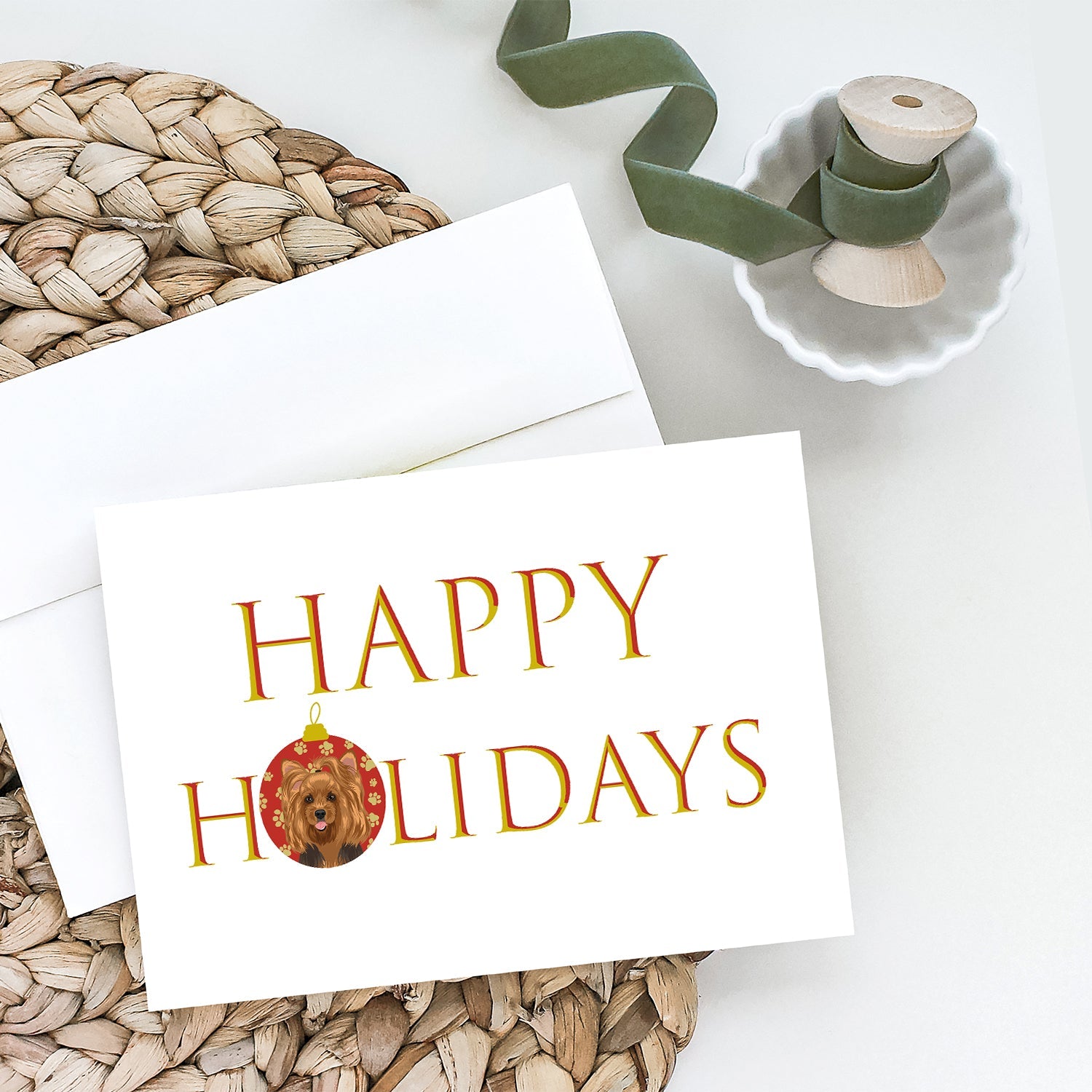 Yorkie Black and Gold #1 Happy Holidays Greeting Cards Pack of 8 Blank Cards with Envelopes Whimsical A7 Size 5x7