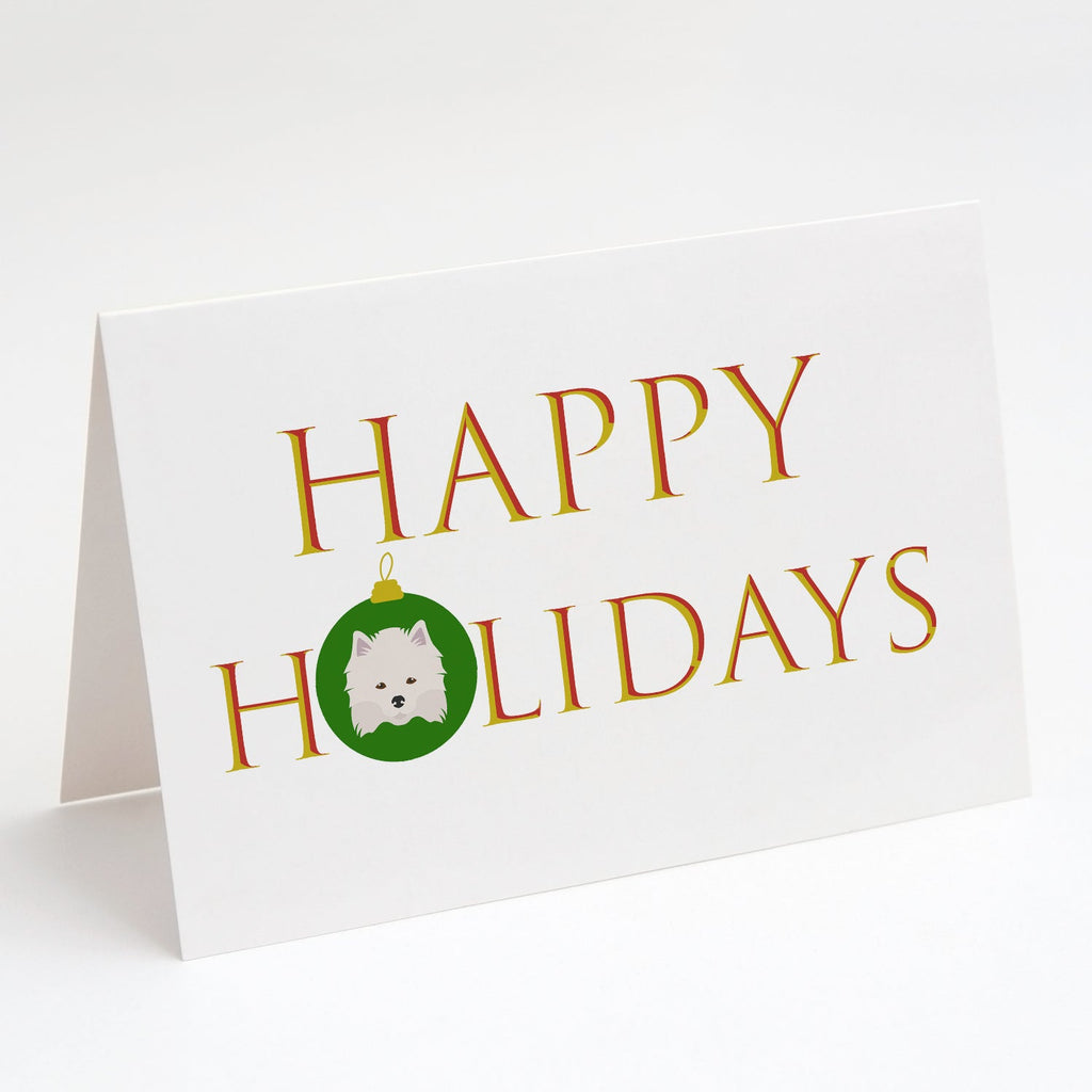 American Eskimo - Dog Face Happy Holidays Christmas Greeting Cards Pack of 8 Blank Cards with Envelopes Whimsical A7 Size 5x7