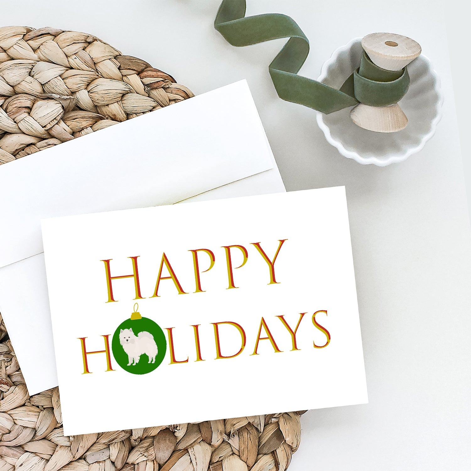 American Eskimo Happy Holidays Greeting Cards Pack of 8 Blank Cards with Envelopes Whimsical A7 Size 5x7