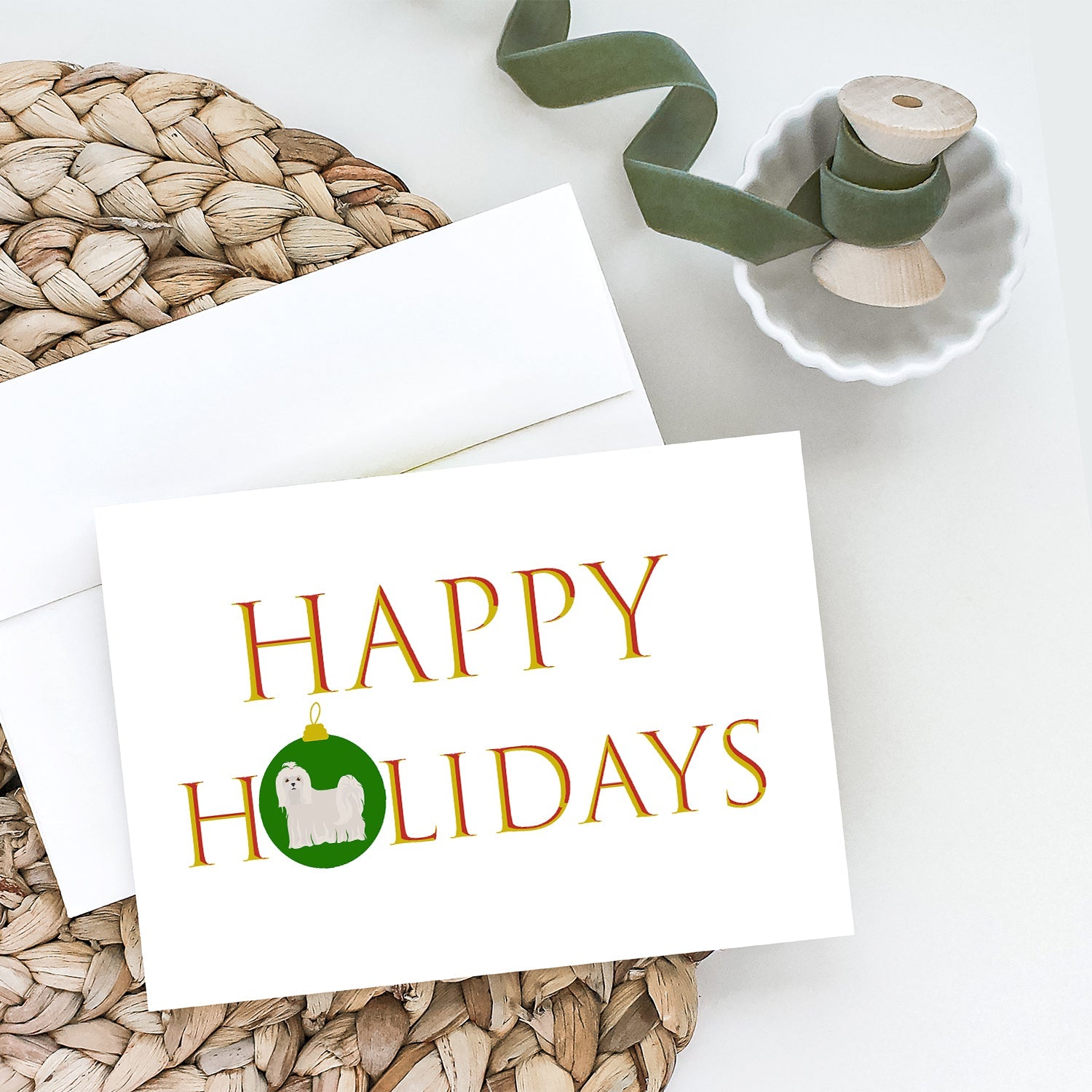 Maltese Happy Holidays Greeting Cards Pack of 8 Blank Cards with Envelopes Whimsical A7 Size 5x7