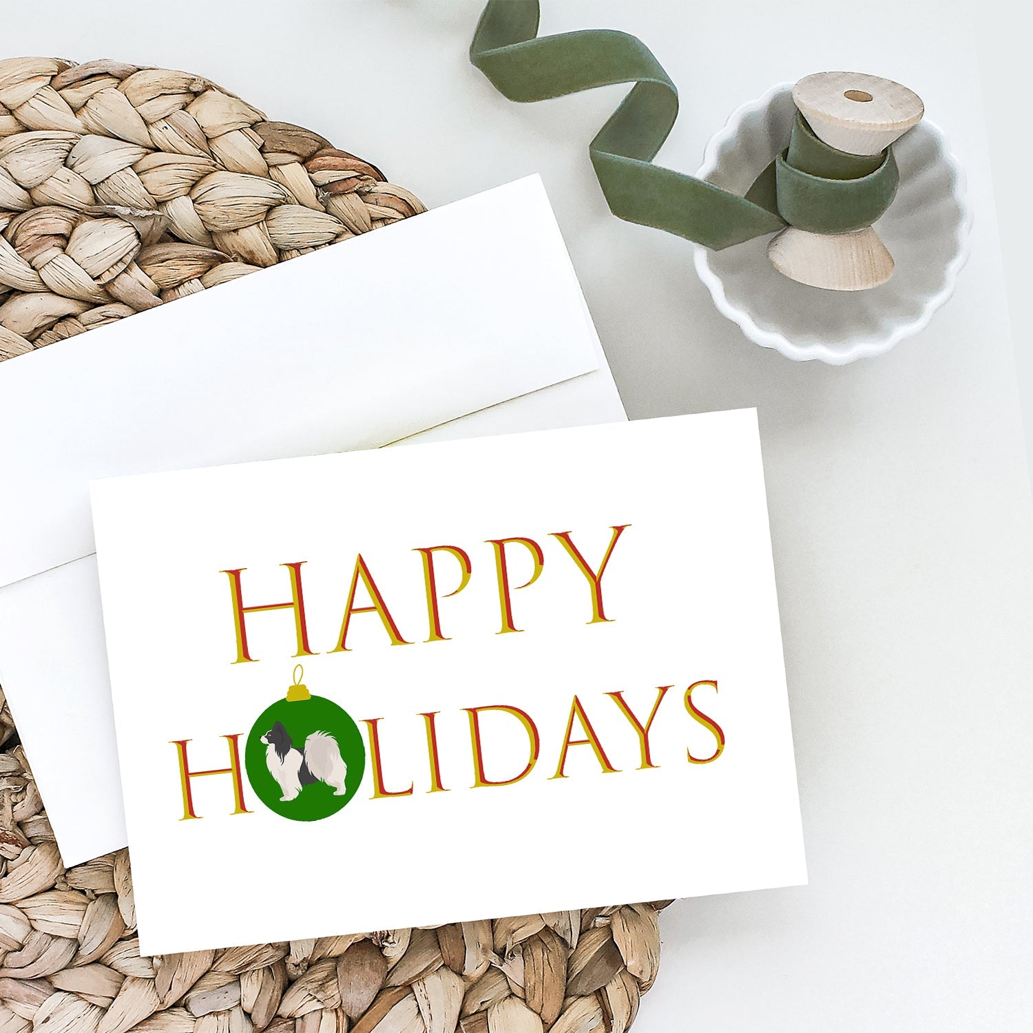Papillon #2 Happy Holidays Greeting Cards Pack of 8 Blank Cards with Envelopes Whimsical A7 Size 5x7