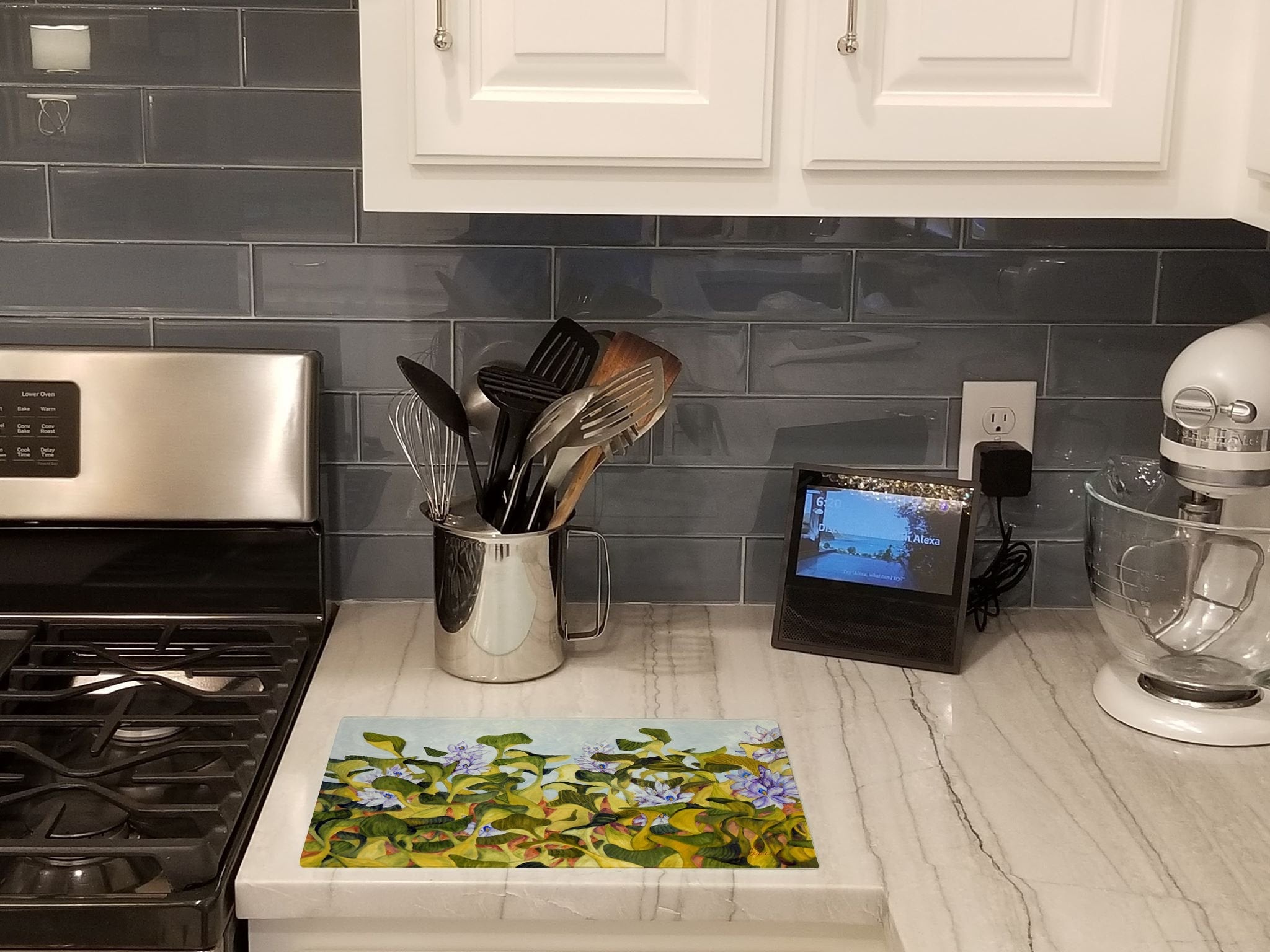 Water Hyacinth by Ferris Hotard Cutting Board Tempered Glass Kitchen Cutting Surface, Heat Resistant Chopping, Non-Slip Feet, Food Prep & Serving