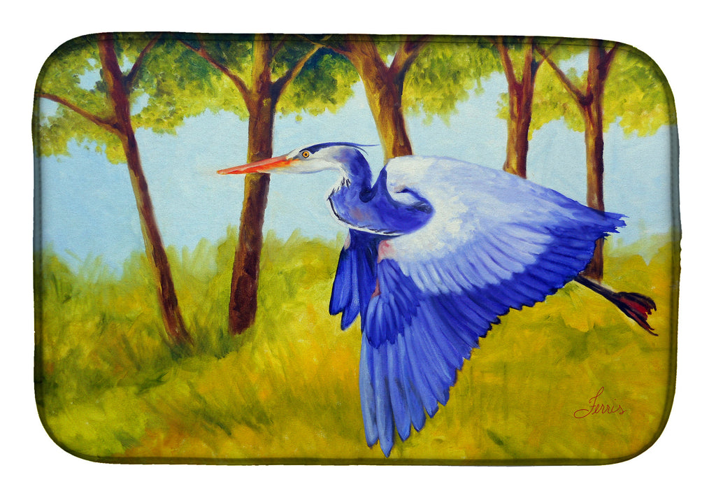 Flying Blue Heron by Ferris Hotard Dish Drying Mat Absorbent Dish Drying Mat Pad for Kitchen Counter Dish Drainer Mat for Countertop, 14 x 21", Multicolor