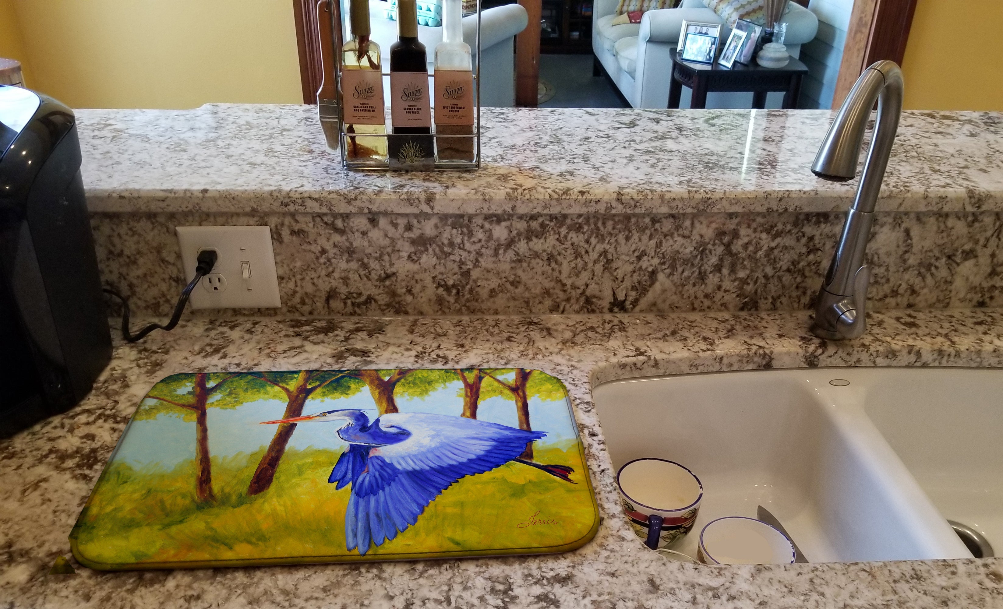 Flying Blue Heron by Ferris Hotard Dish Drying Mat Absorbent Dish Drying Mat Pad for Kitchen Counter Dish Drainer Mat for Countertop, 14 x 21", Multicolor