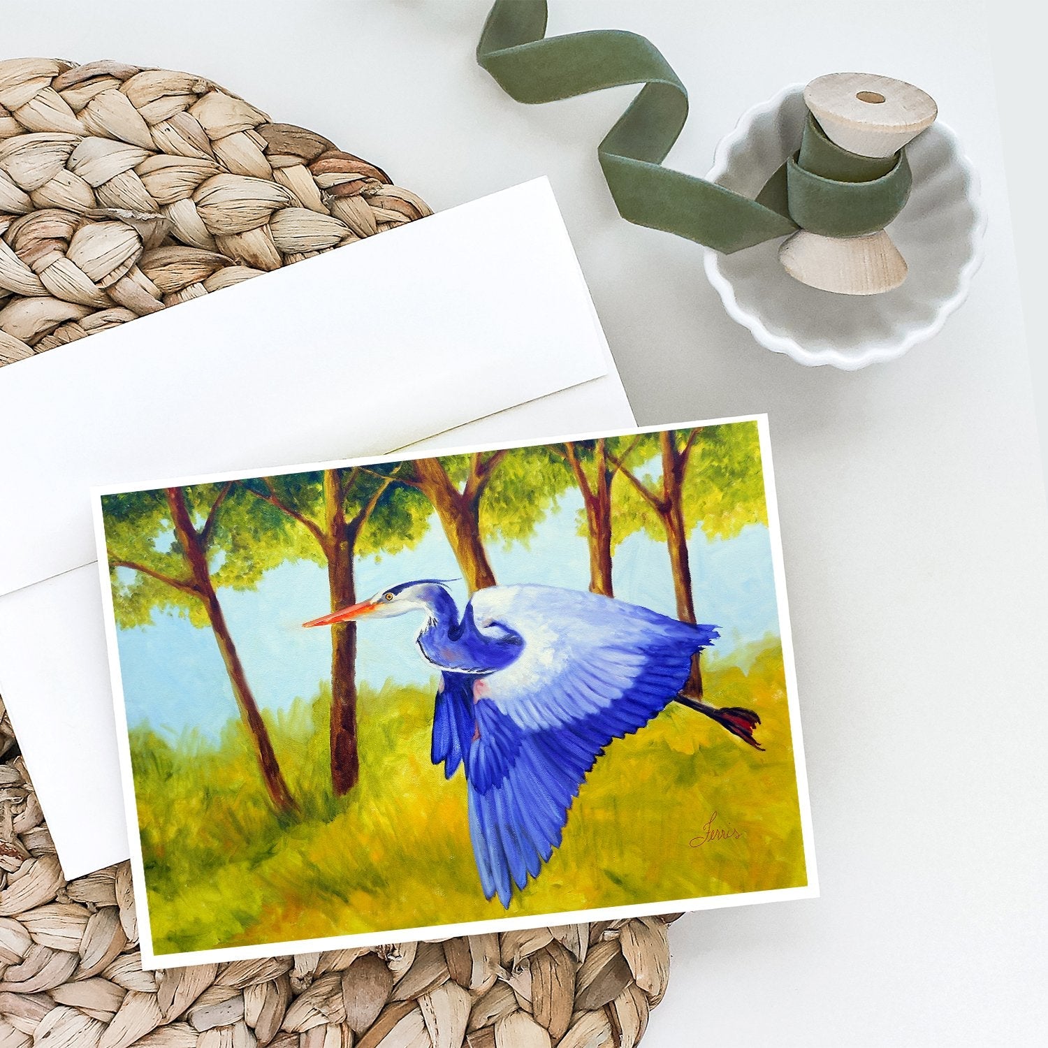 Flying Blue Heron by Ferris Hotard Greeting Cards Pack of 8 Blank Cards with Envelopes Whimsical A7 Size 5x7