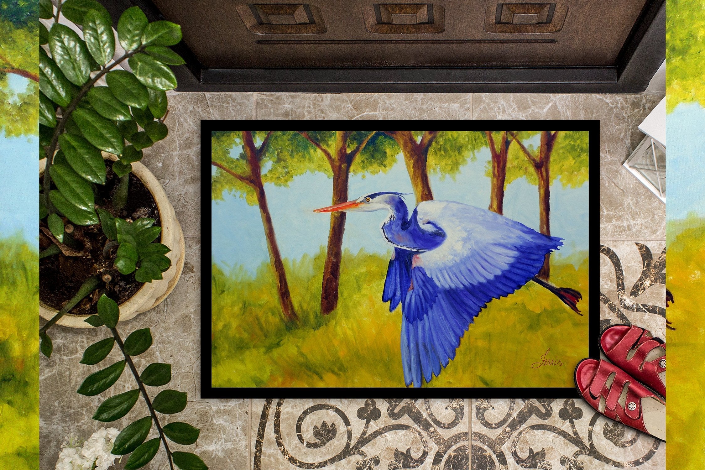 Flying Blue Heron by Ferris Hotard Doormat Indoor Outdoor 24H X 36W Front Door Mat Rugs for Entryway, Non Slip Washable Low Pile,