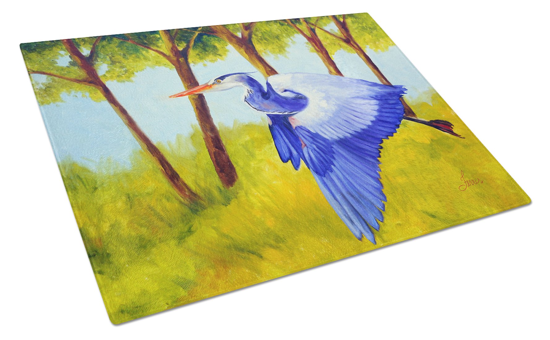 Flying Blue Heron by Ferris Hotard Cutting Board Tempered Glass Kitchen Cutting Surface, Heat Resistant Chopping, Non-Slip Feet, Food Prep & Serving