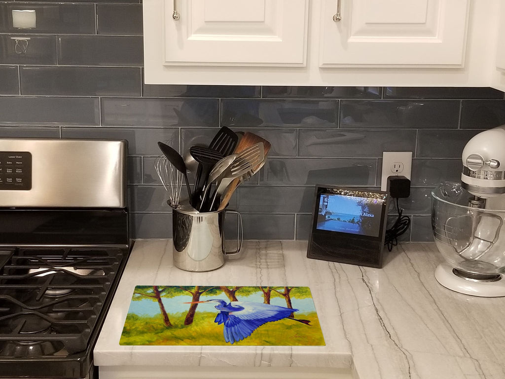Flying Blue Heron by Ferris Hotard Cutting Board Tempered Glass Kitchen Cutting Surface, Heat Resistant Chopping, Non-Slip Feet, Food Prep & Serving