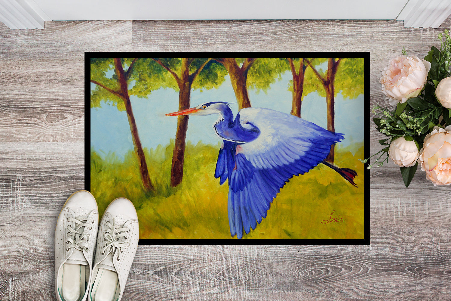Flying Blue Heron by Ferris Hotard Doormat Indoor Outdoor 18H X 27W Front Door Mat Rugs for Entryway, Non Slip Washable
