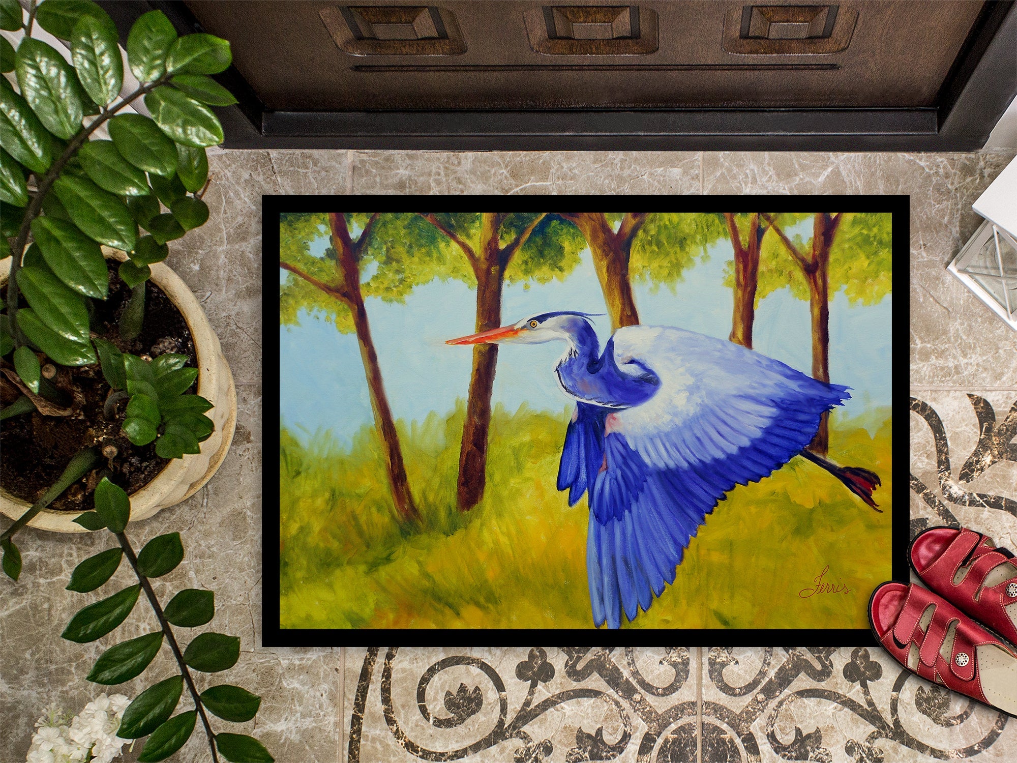 Flying Blue Heron by Ferris Hotard Doormat Indoor Outdoor 18H X 27W Front Door Mat Rugs for Entryway, Non Slip Washable
