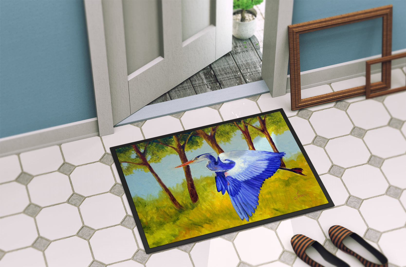 Flying Blue Heron by Ferris Hotard Doormat Indoor Outdoor 18H X 27W Front Door Mat Rugs for Entryway, Non Slip Washable