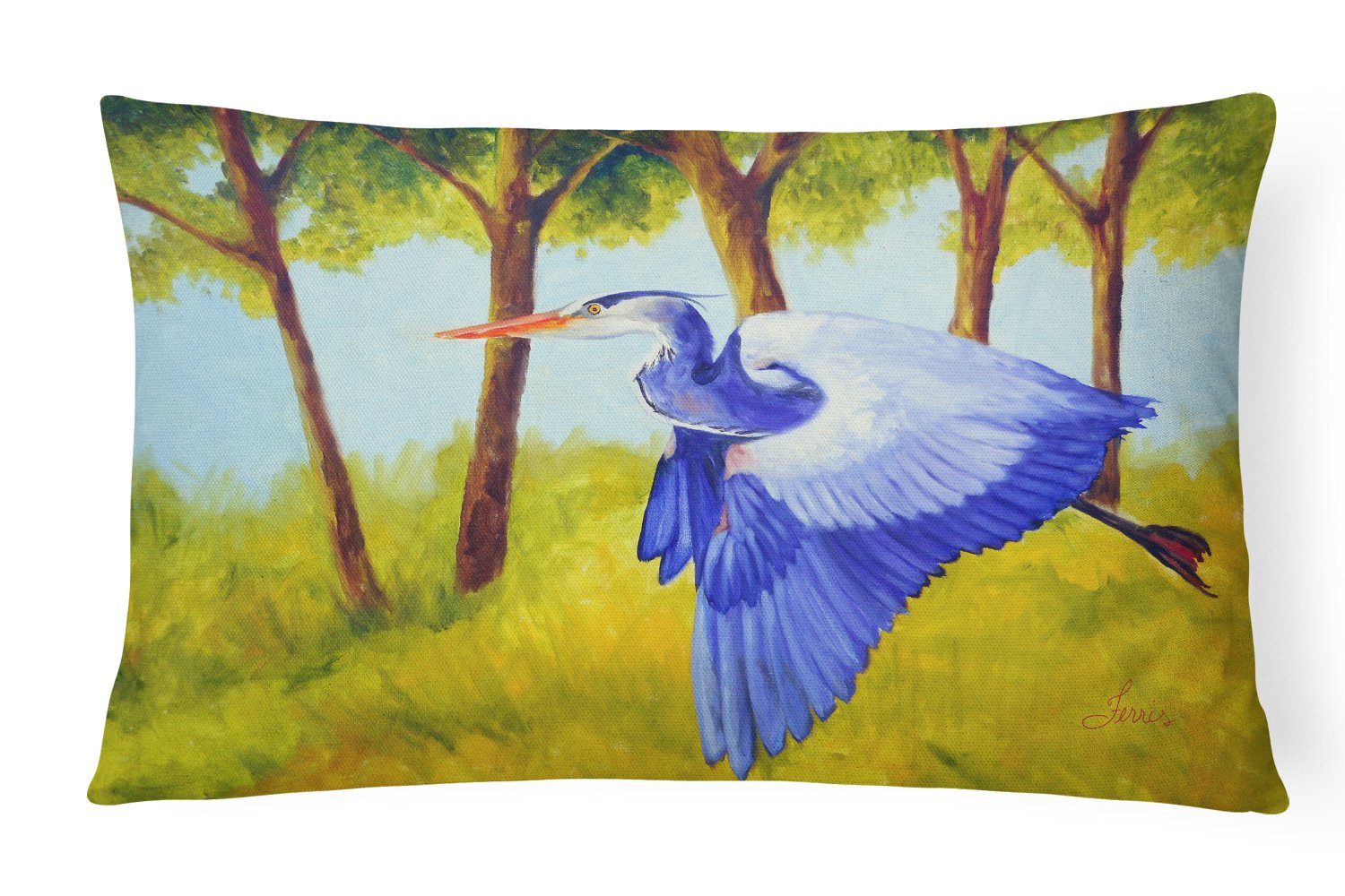Flying Blue Heron by Ferris Hotard Decorative Throw Pillow 12x16 Indoor Outdoor Accent Cushion, Fabric Cover with Insert for Sofa, Bed, Porch & Living Room