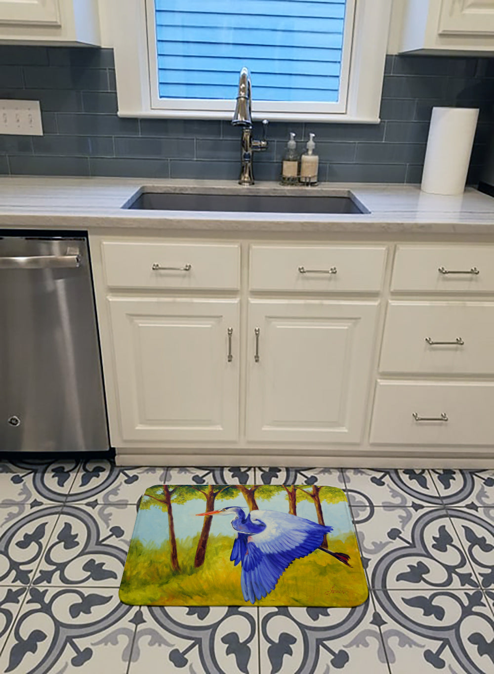 Flying Blue Heron by Ferris Hotard Memory Foam Kitchen Mat Machine Washable Anti-Fatigue Cushion Comfort Bath or Kitchen Rug