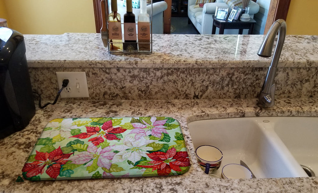 Poinsettias by Ferris Hotard Dish Drying Mat Absorbent Dish Drying Mat Pad for Kitchen Counter Dish Drainer Mat for Countertop, 14 x 21", Multicolor