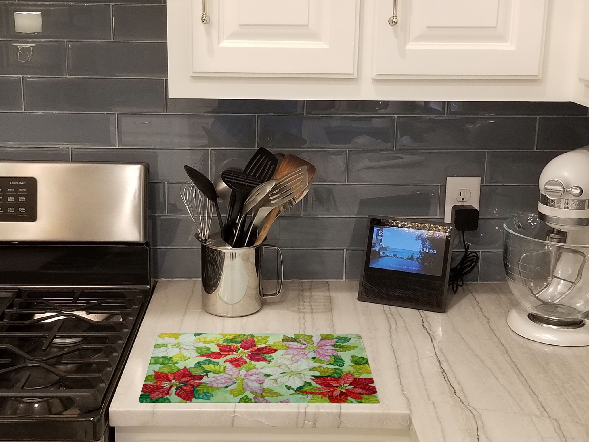 Poinsettias by Ferris Hotard Cutting Board Tempered Glass Kitchen Cutting Surface, Heat Resistant Chopping, Non-Slip Feet, Food Prep & Serving
